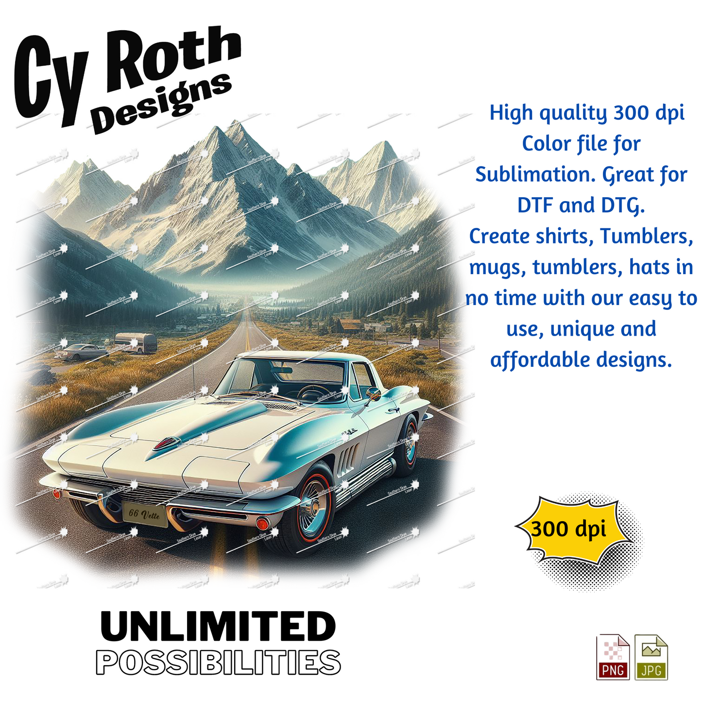 1966 Corvette Sublimation PNG JPG file, Wall Art 20oz skinny Tumbler, shirt PNG, Junk Journal image