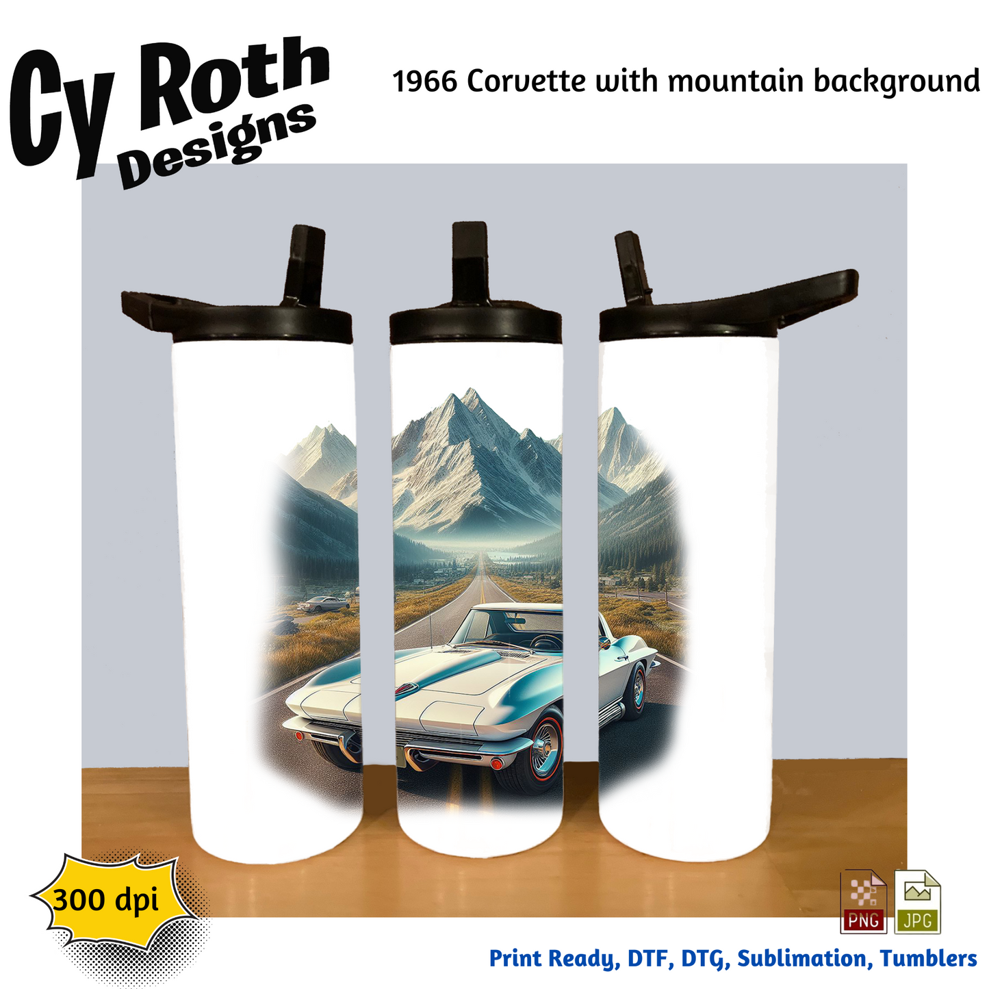 1966 Corvette Sublimation PNG JPG file, Wall Art 20oz skinny Tumbler, shirt PNG, Junk Journal image