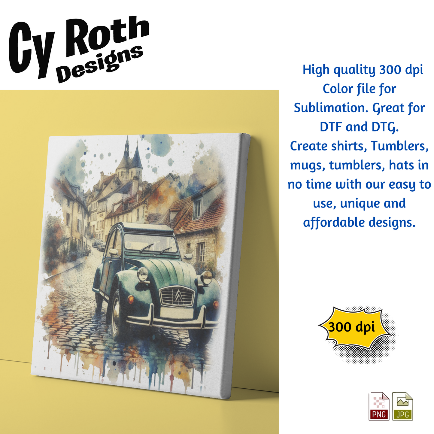 1970 Citroen 2CV Sublimation PNG JPG file, Wall Art 20oz skinny Tumbler, shirt PNG, Junk Journal image