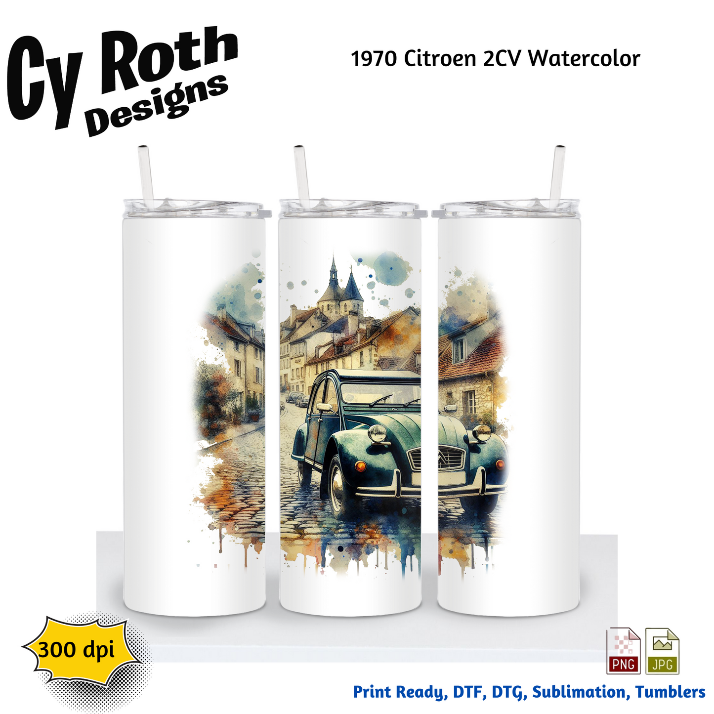 1970 Citroen 2CV Sublimation PNG JPG file, Wall Art 20oz skinny Tumbler, shirt PNG, Junk Journal image