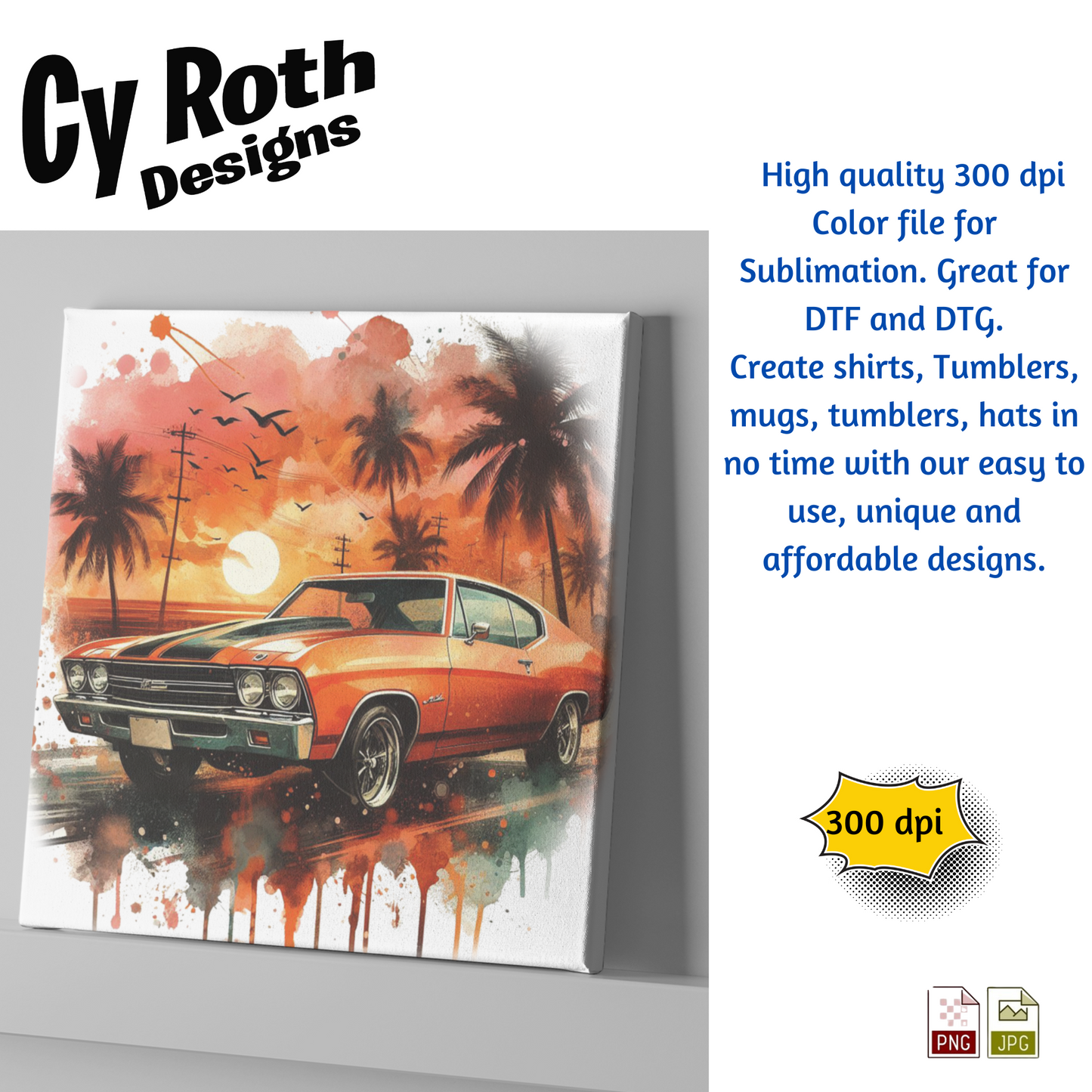 1970 Chevelle Sublimation PNG JPG file, Wall Art 20oz skinny Tumbler, shirt PNG, Junk Journal image