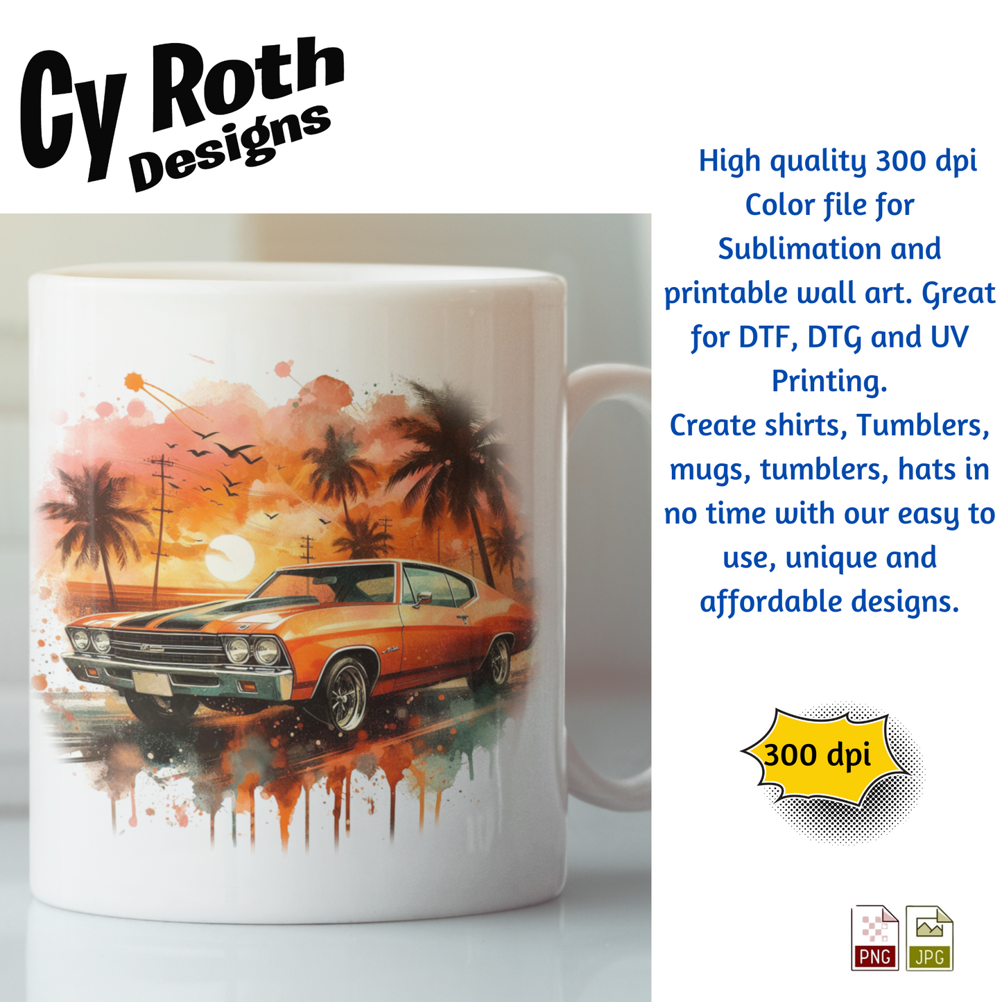 1970 Chevelle Sublimation PNG JPG file, Wall Art 20oz skinny Tumbler, shirt PNG, Junk Journal image