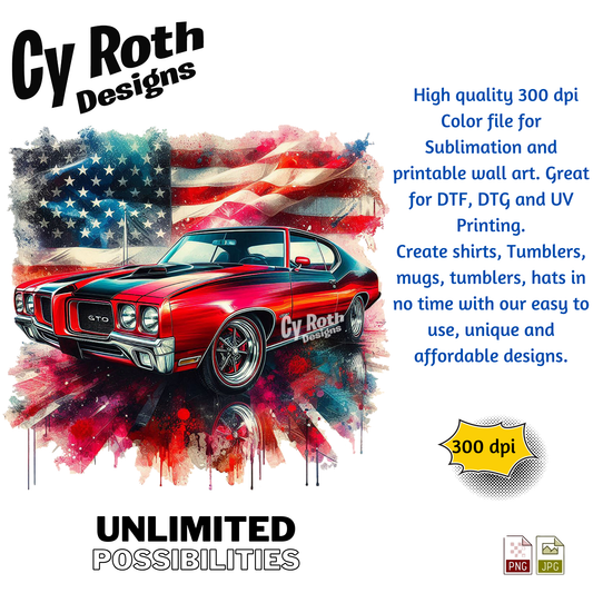 1970 Pontiac GTO Sublimation Design: Tumblers, Shirts, Wall Art (PNG, JPG Digital Download)