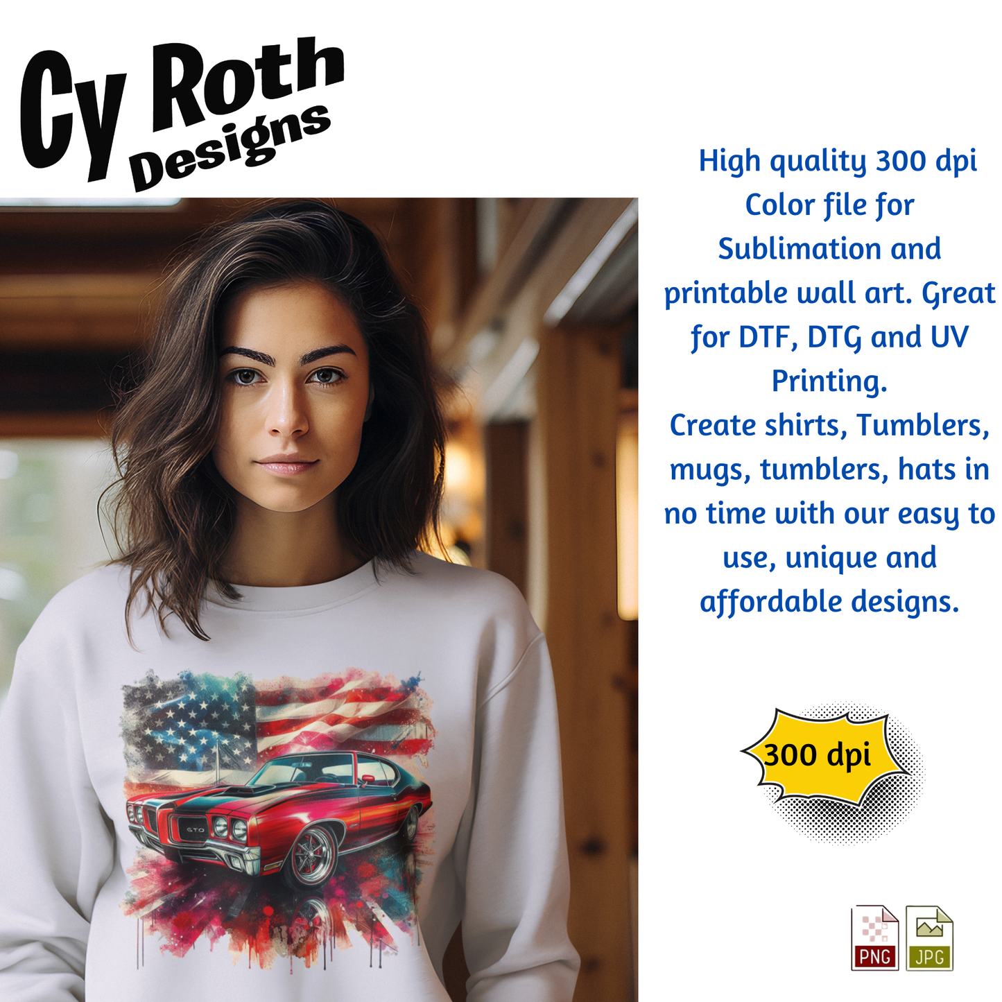 Woman wearing sweatshirt with image of a 1970 Pontiac GTO