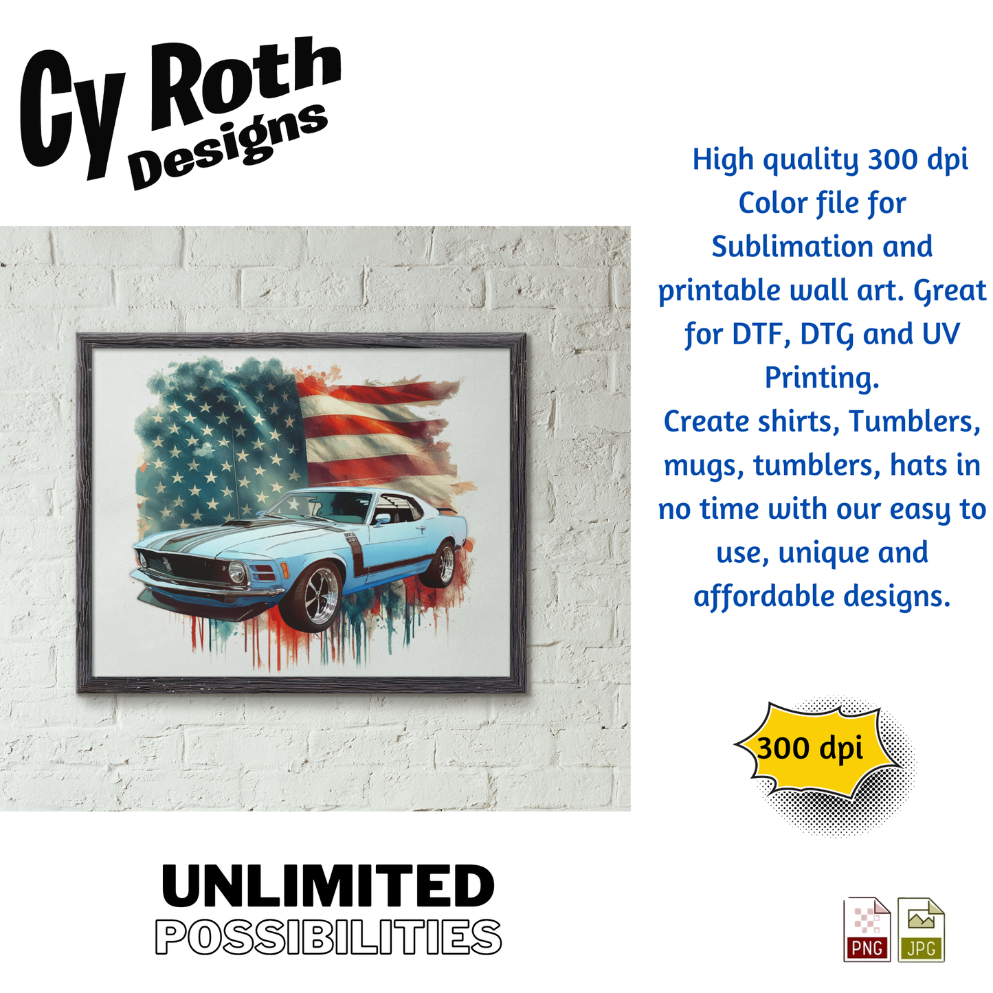 Framed artwork of 1970 Ford Mustang with American Flag by CyRoth Designs, the leader in car and truck art work