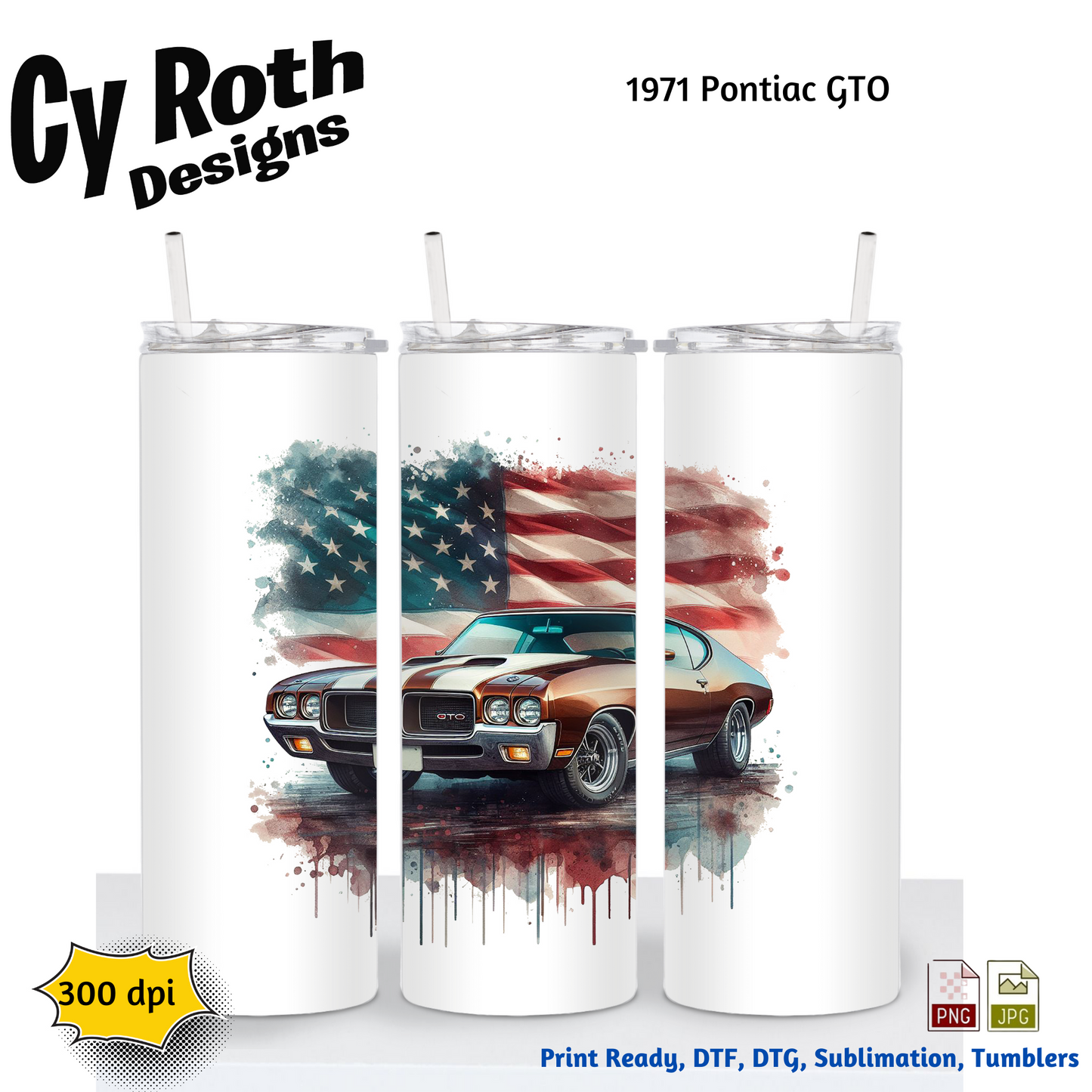 1971 Pontiac GTO Sublimation PNG JPG file, Wall Art 20oz skinny Tumbler, shirt PNG, Junk Journal image