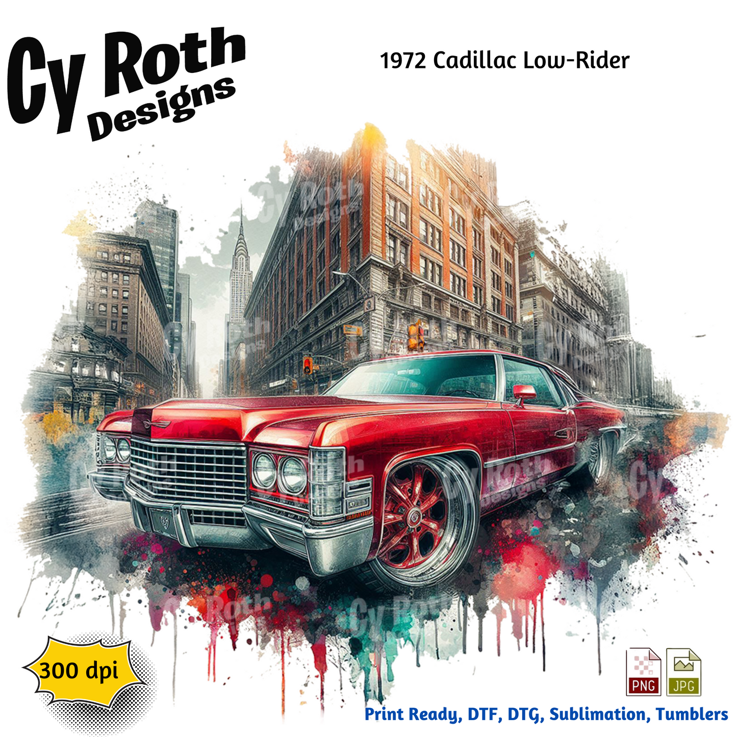 1972 Cadillac Low Rider Sublimation PNG JPG file, Wall Art 20oz skinny Tumbler, shirt PNG, Junk Journal image