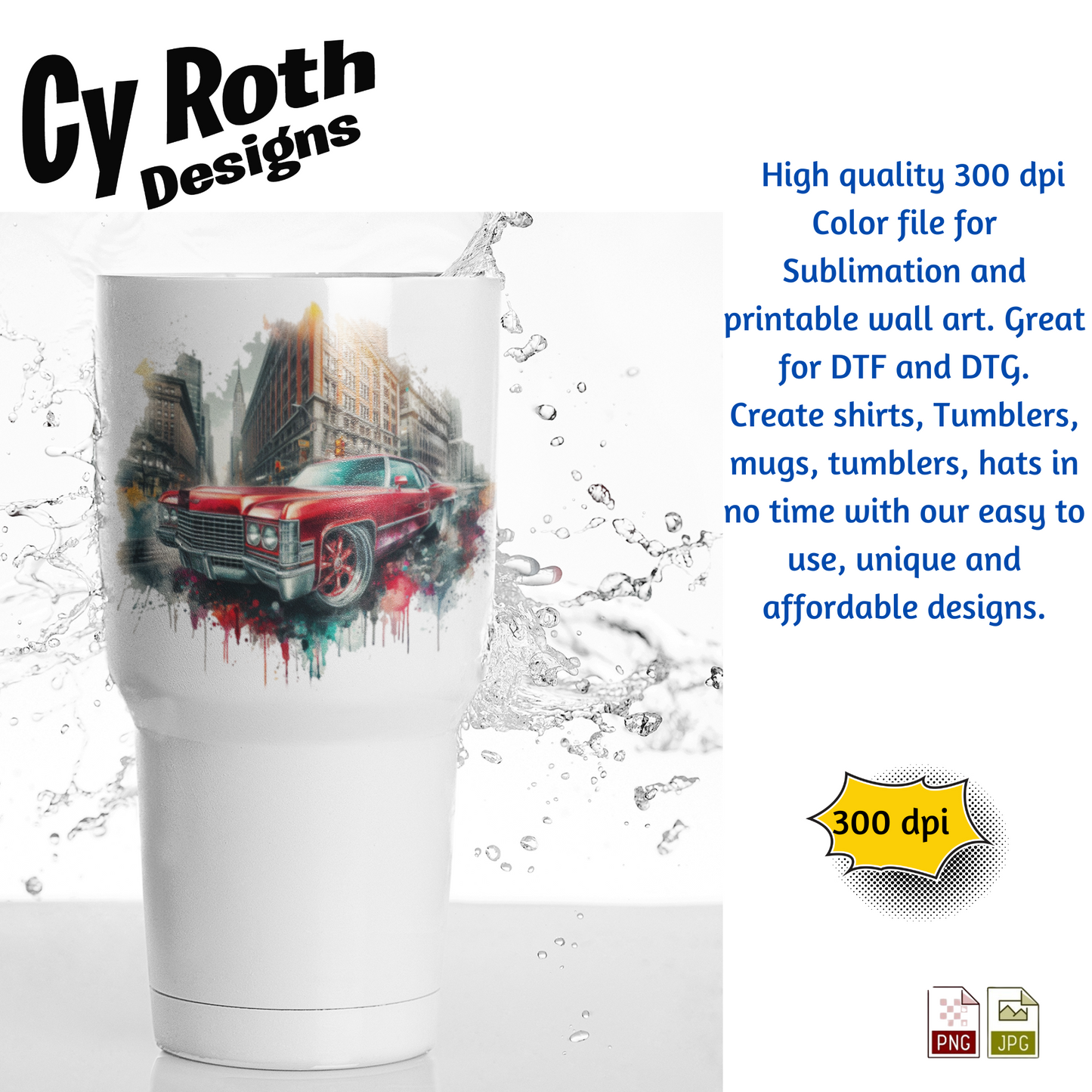1972 Cadillac Low Rider Sublimation PNG JPG file, Wall Art 20oz skinny Tumbler, shirt PNG, Junk Journal image