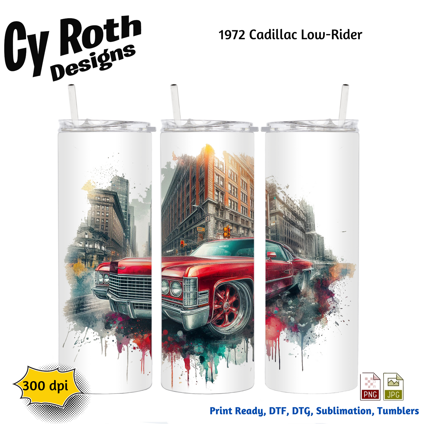 1972 Cadillac Low Rider Sublimation PNG JPG file, Wall Art 20oz skinny Tumbler, shirt PNG, Junk Journal image