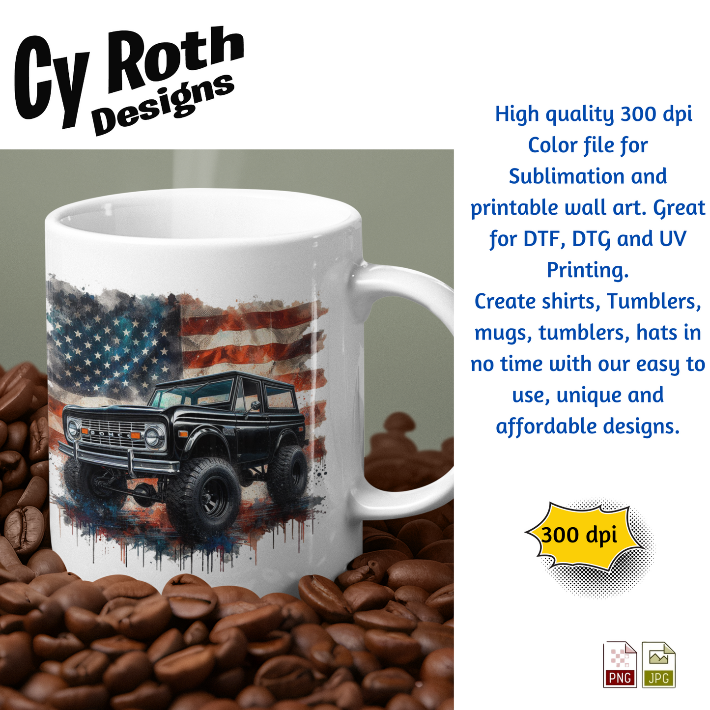 White mug with 1972 Ford Bronco with American flag design by Cy Roth Designs