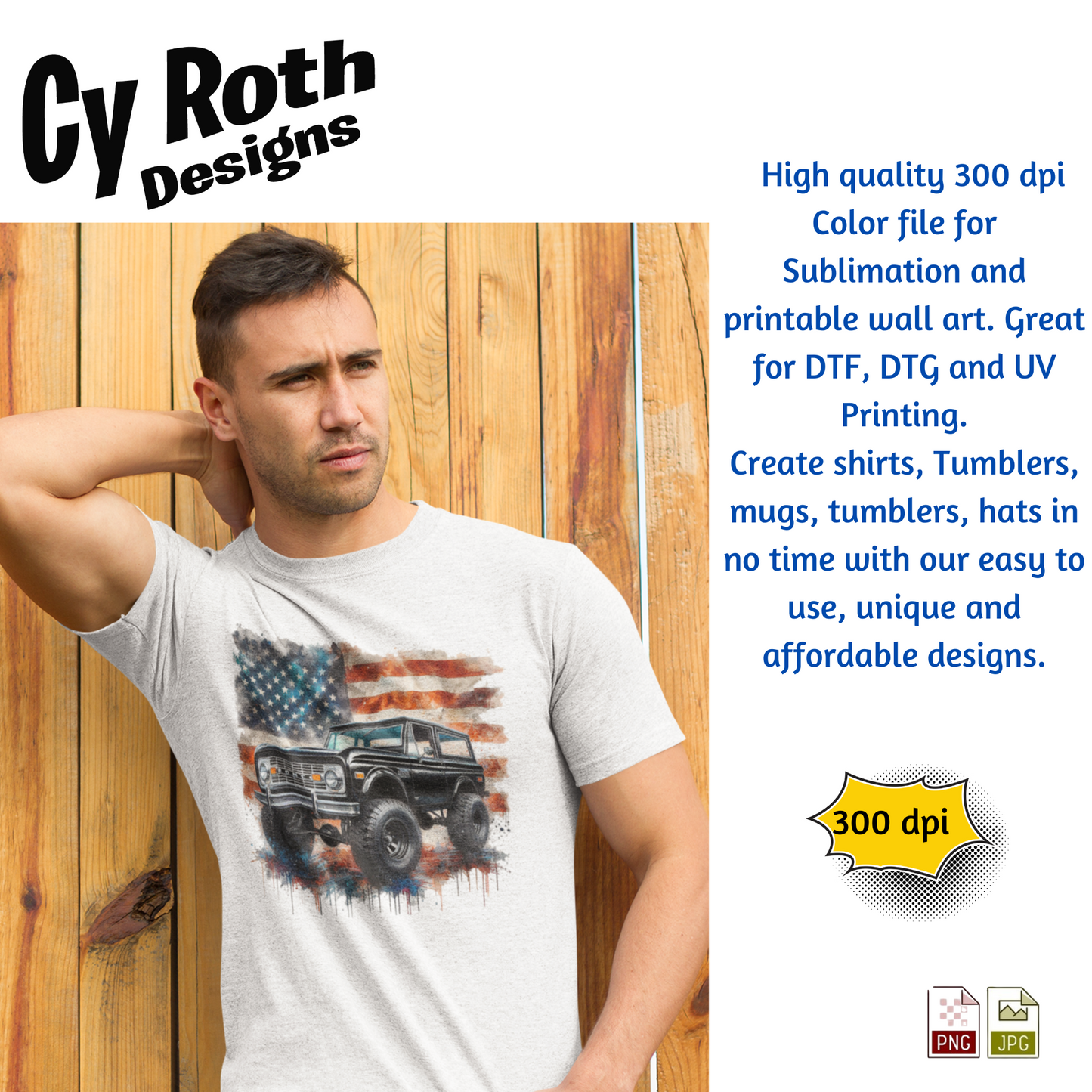 Man wearing a t-shirt with1972 Ford Bronco with American flag design by Cy Roth Designs