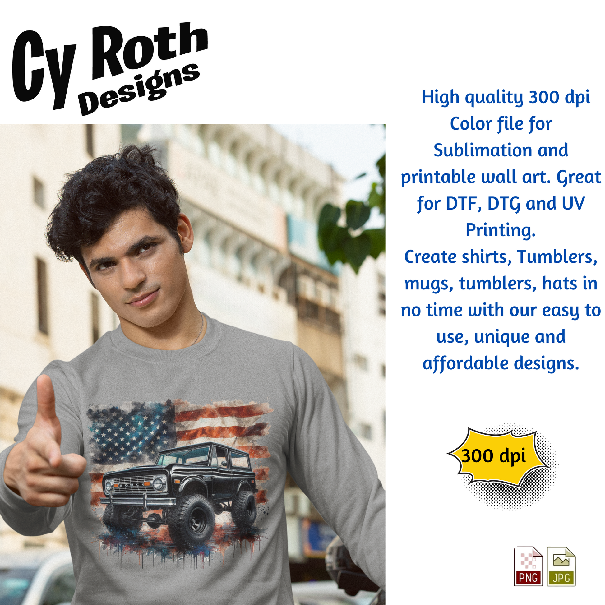 Man wearing a gray t-shirt 1972 Ford Bronco with American flag design by Cy Roth Designs