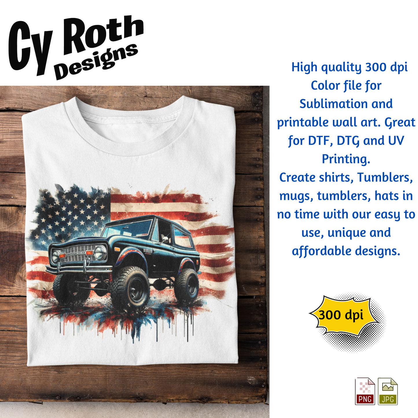 White t-shirt with 1972 Ford Bronco with American flag design by Cy Roth Designs, featuring Cy Roth Designs branding.