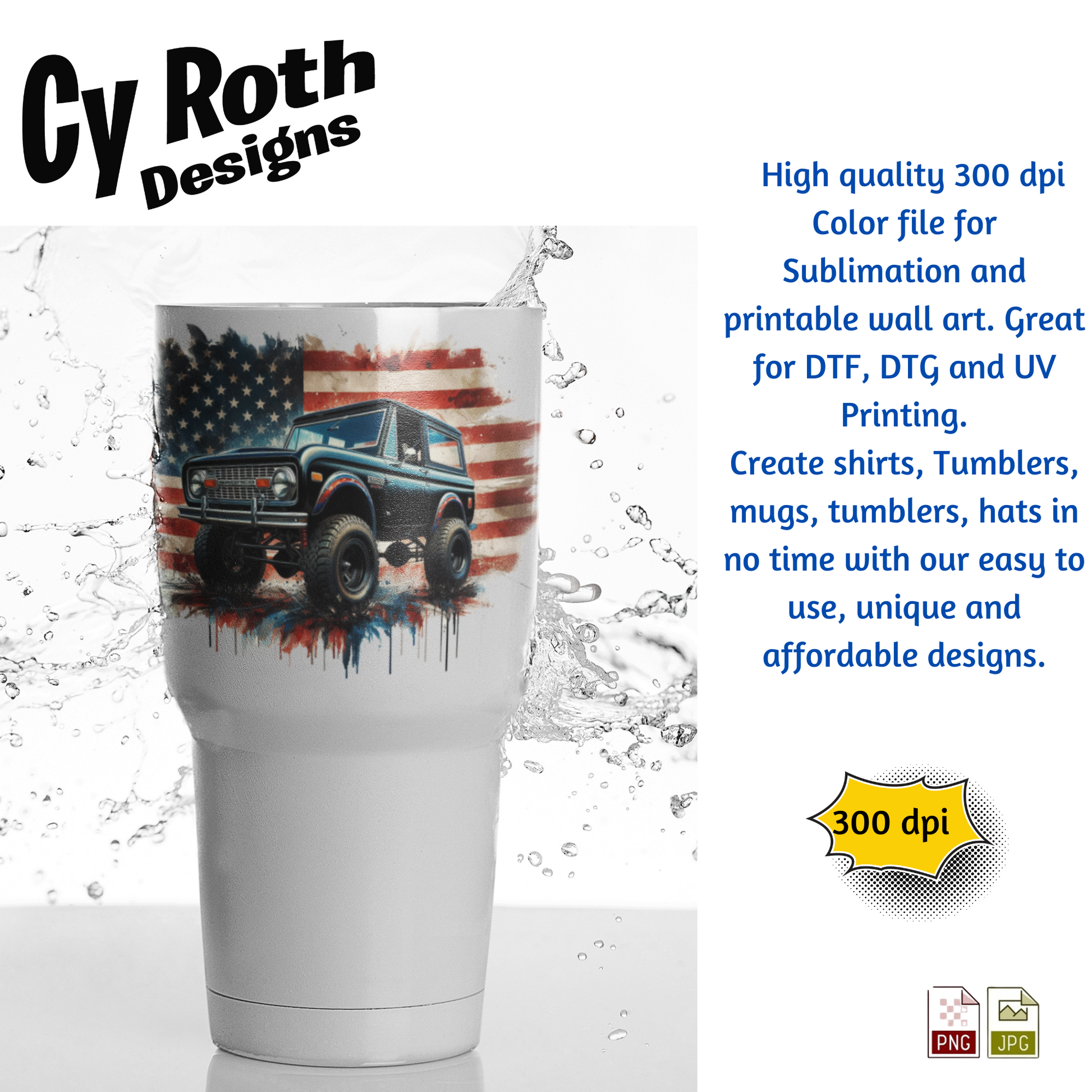 Tumbler with 1972 Ford Bronco with American flag design by Cy Roth Designs, featuring Cy Roth Designs text and product details.