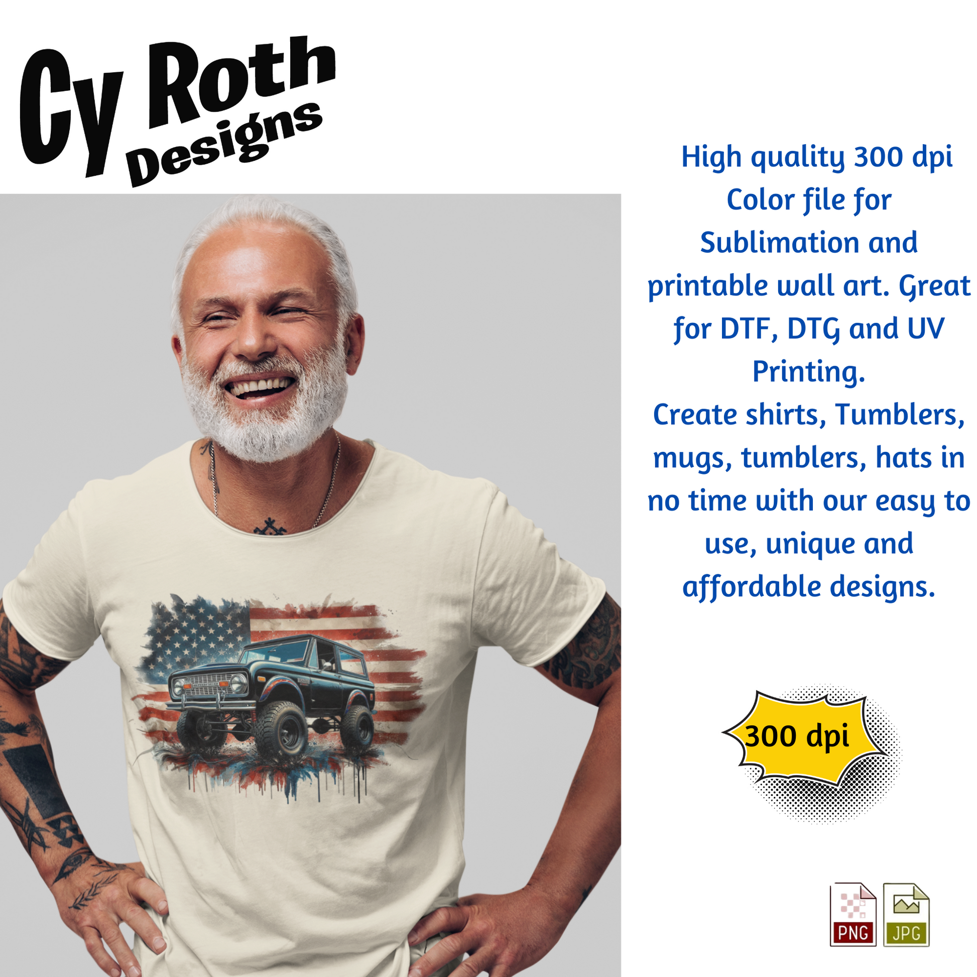 Man wearing a t-shirt with 1972 Ford Bronco with American flag design by Cy Roth Designs by Cy Roth Designs.