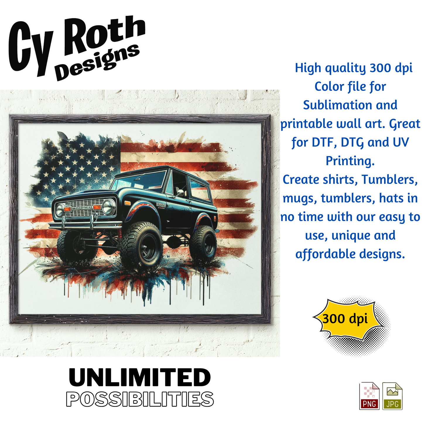 Framed artwork with 1972 Ford Bronco with American flag design by Cy Roth Designs