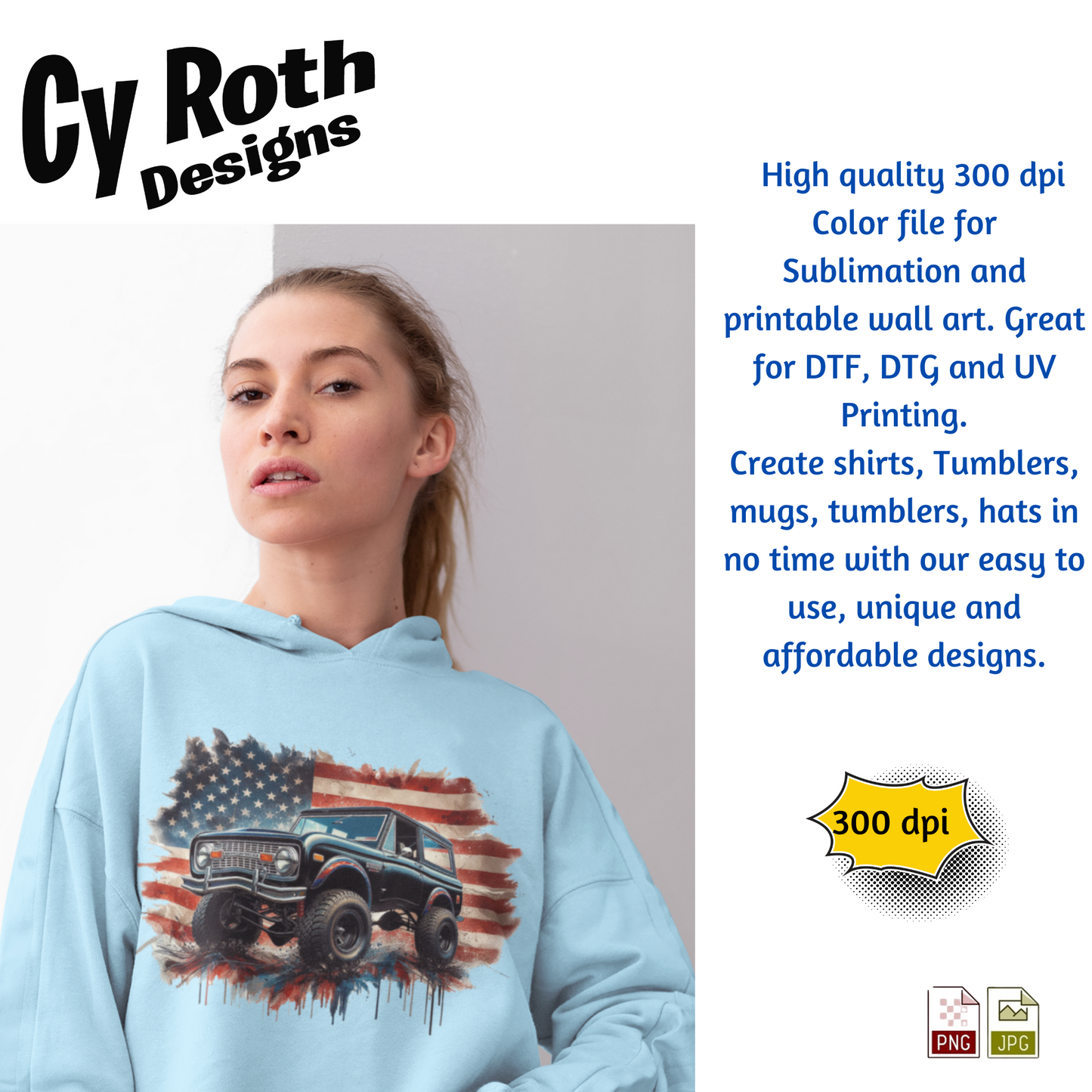 Light blue hoodie with 1972 Ford Bronco with American flag design by Cy Roth Designs worn by a model