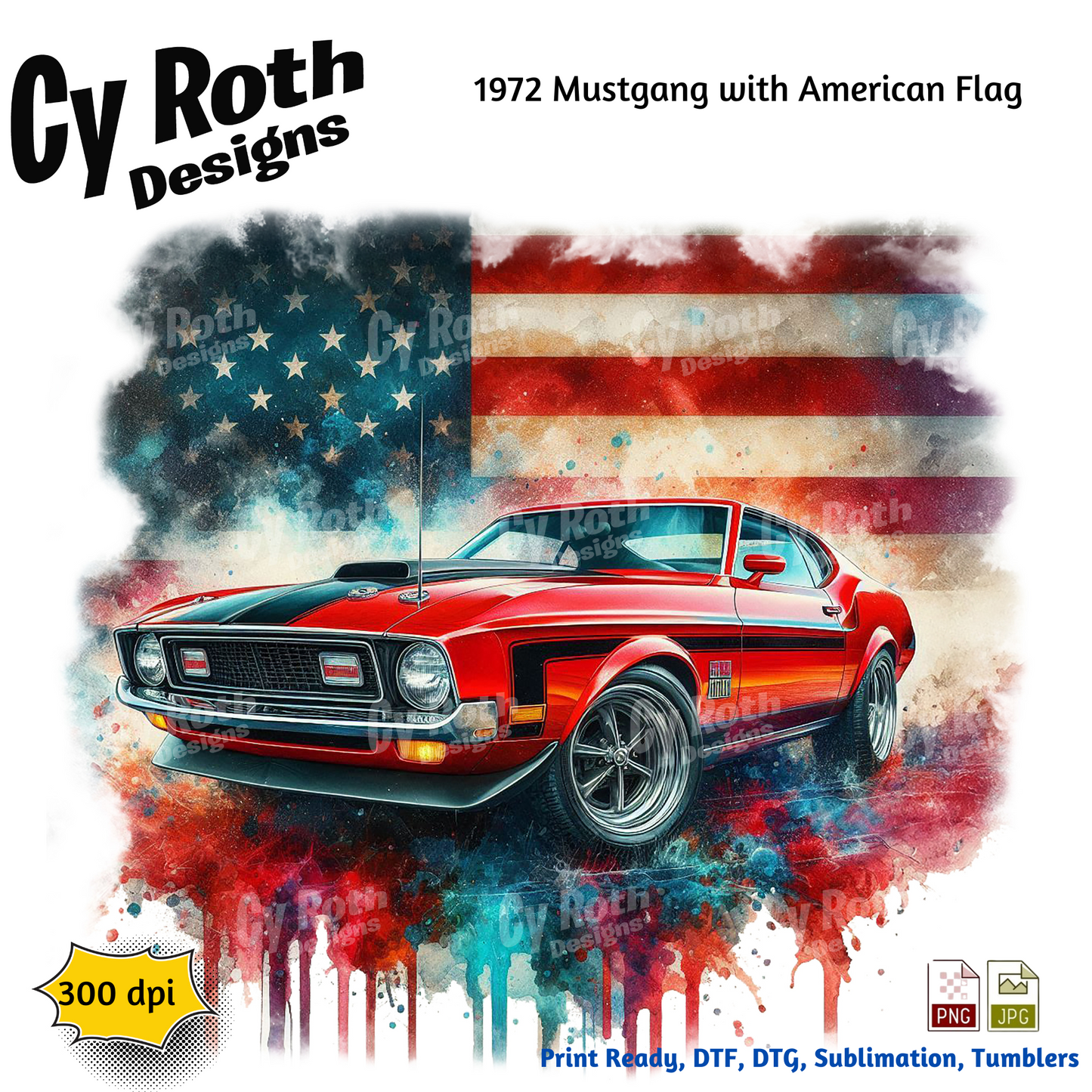 1972 Mustang Sublimation PNG JPG file, Wall Art 20oz skinny Tumbler, shirt PNG, Junk Journal image