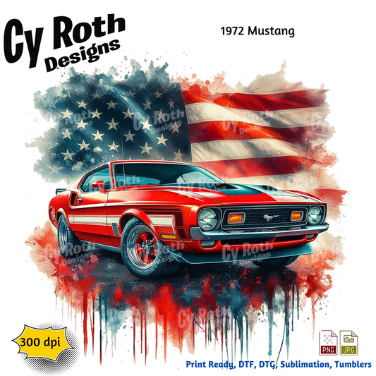 1972 Ford Mustang Sublimation Wall Art 20oz skinny Tumbler PNG JPG file, shirt PNG, Junk Journal image