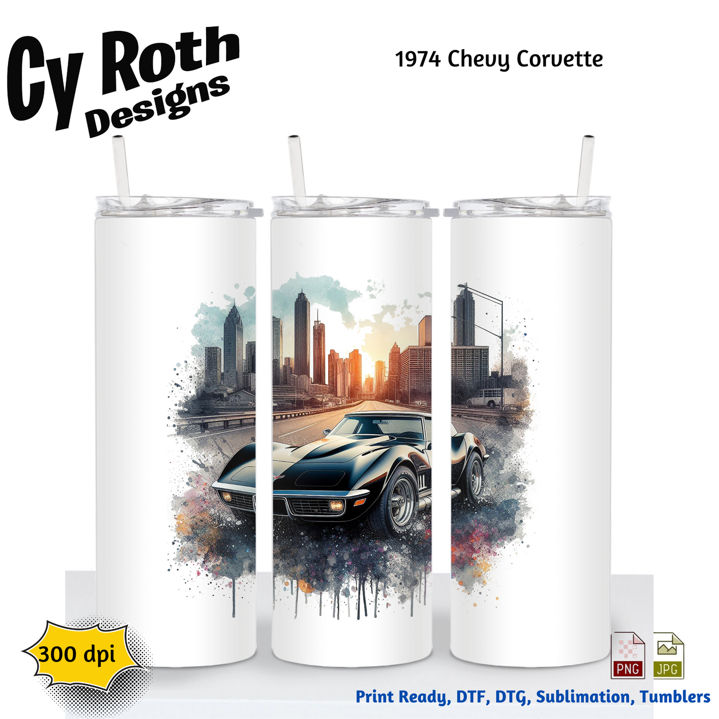 1974 Corvette Sublimation PNG JPG file, Wall Art 20oz skinny Tumbler, shirt PNG, Junk Journal image
