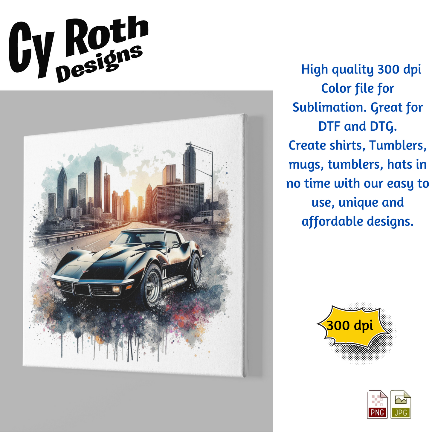 1974 Corvette Sublimation PNG JPG file, Wall Art 20oz skinny Tumbler, shirt PNG, Junk Journal image