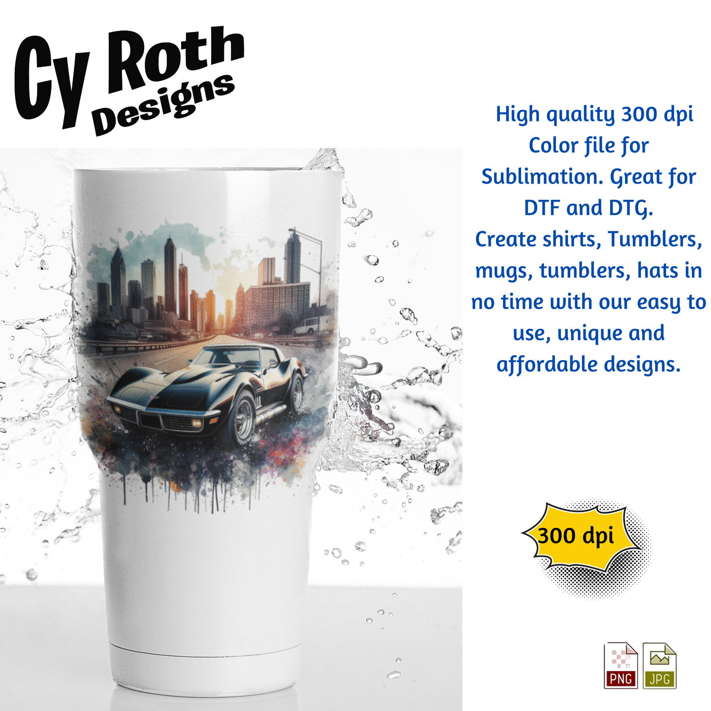 1974 Corvette Sublimation PNG JPG file, Wall Art 20oz skinny Tumbler, shirt PNG, Junk Journal image