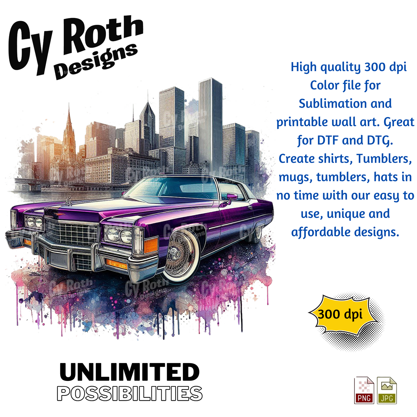 1975 Cadillac Sublimation PNG JPG file, Wall Art 20oz skinny Tumbler, shirt PNG, Junk Journal image