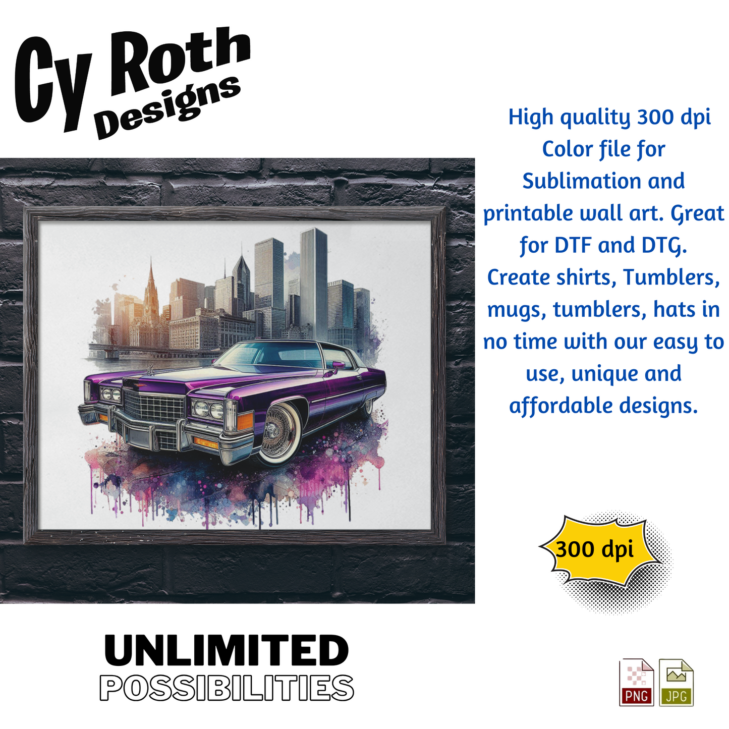 1975 Cadillac Sublimation PNG JPG file, Wall Art 20oz skinny Tumbler, shirt PNG, Junk Journal image