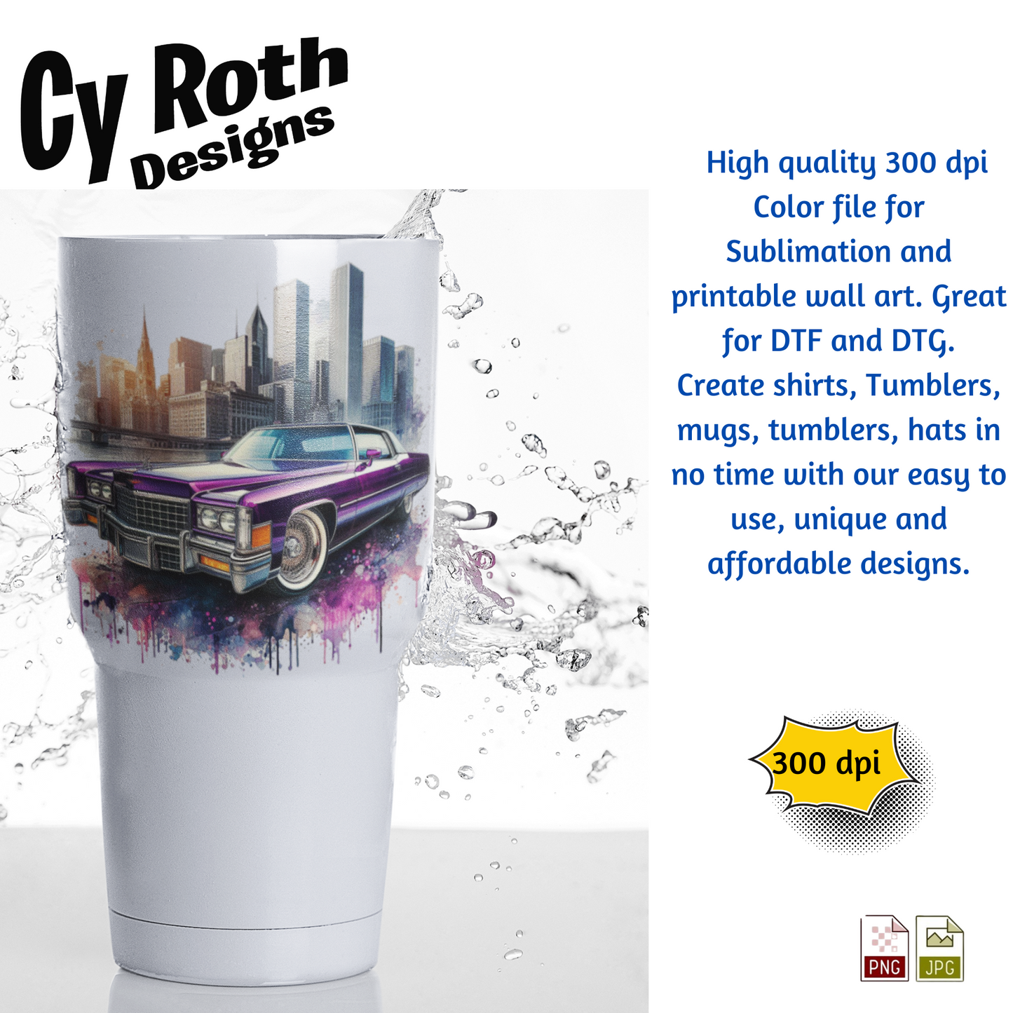 1975 Cadillac Sublimation PNG JPG file, Wall Art 20oz skinny Tumbler, shirt PNG, Junk Journal image