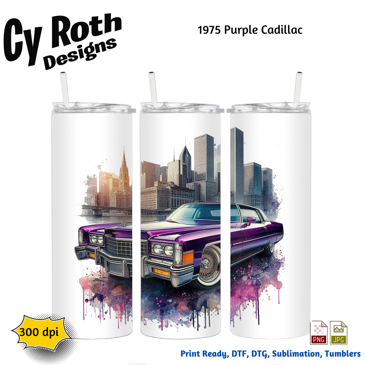 1975 Cadillac Sublimation PNG JPG file, Wall Art 20oz skinny Tumbler, shirt PNG, Junk Journal image