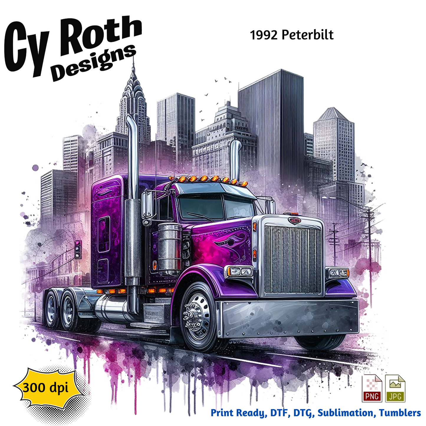 1992 Peterbilt Sublimation PNG JPG file, Wall Art 20oz skinny Tumbler, shirt PNG, Junk Journal image