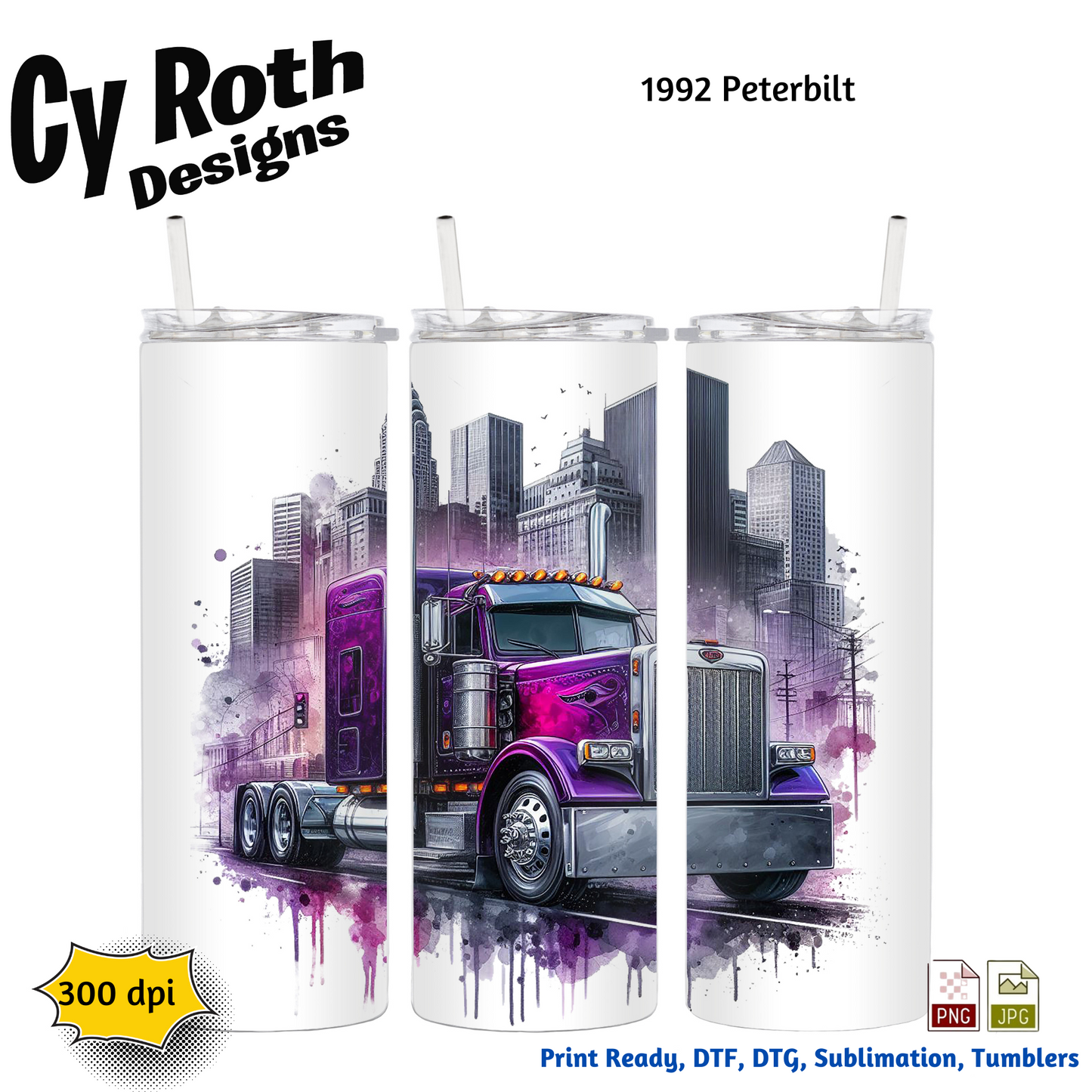 1992 Peterbilt Sublimation PNG JPG file, Wall Art 20oz skinny Tumbler, shirt PNG, Junk Journal image