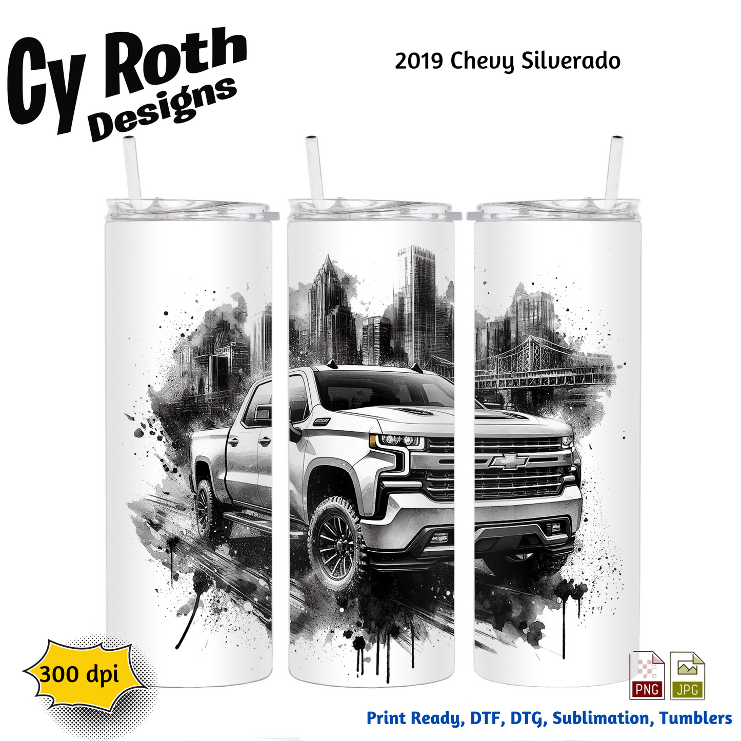 2019 Chevy Sliverado Sublimation Wall Art 20oz skinny Tumbler PNG JPG file, shirt PNG, Junk Journal image
