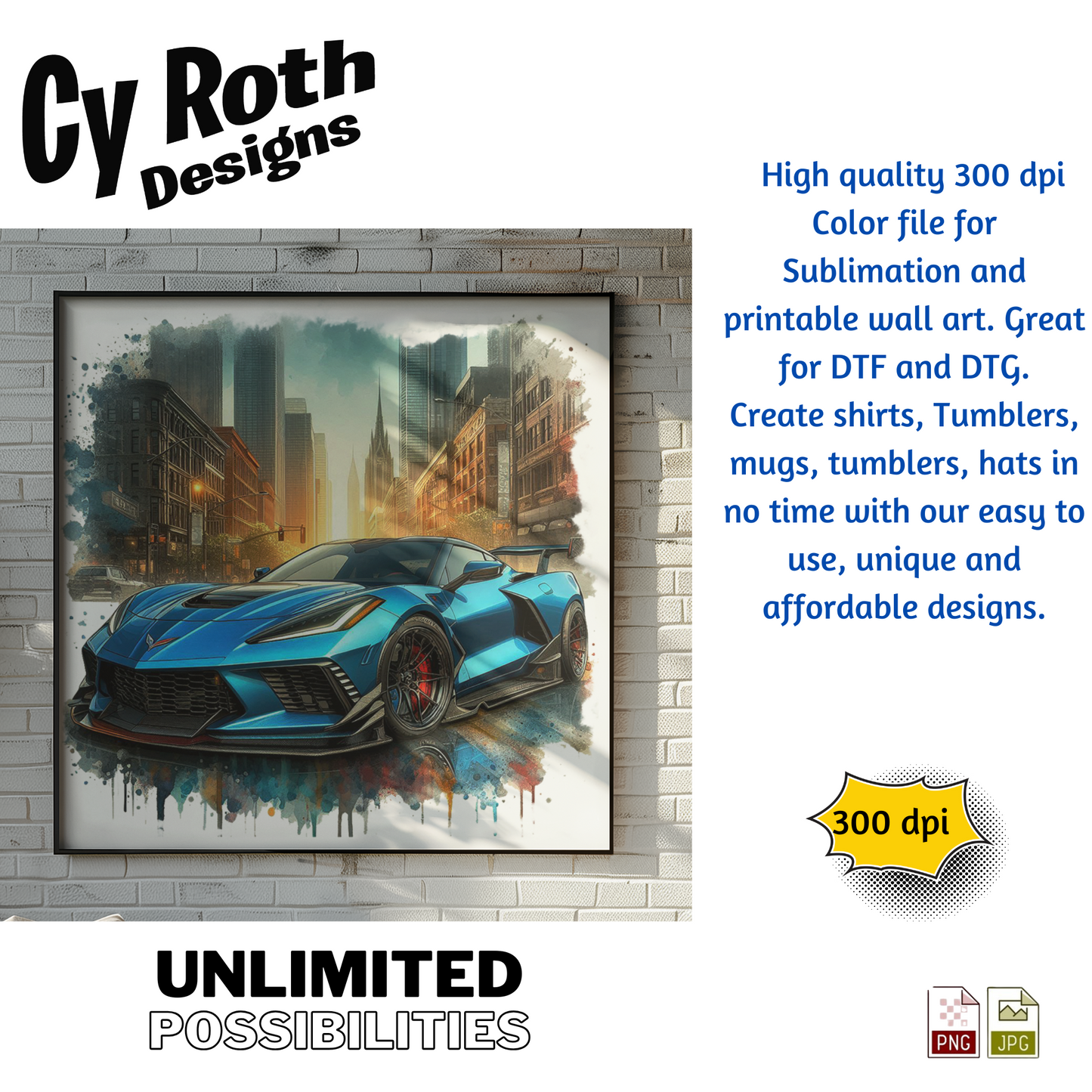 2023 Corvette Sublimation PNG JPG file, Wall Art 20oz skinny Tumbler, shirt PNG, Junk Journal image