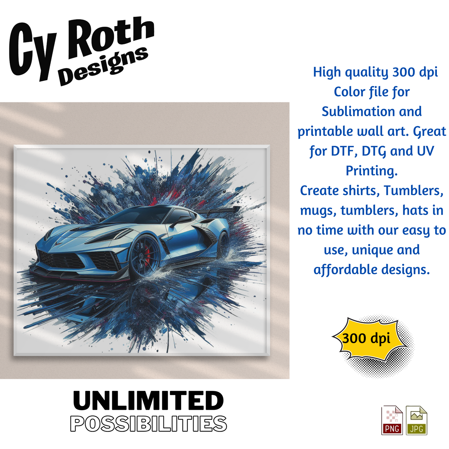2023 Chevy Corvette Sublimation Wall Art 20oz skinny Tumbler PNG JPG file, shirt PNG, Junk Journal image