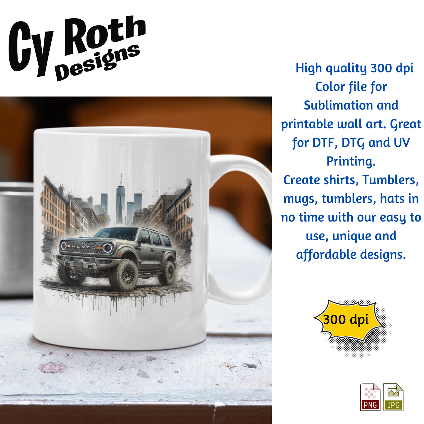 Ford Bronco Sublimation Wall Art 20oz skinny Tumbler PNG JPG file, shirt PNG, Junk Journal image