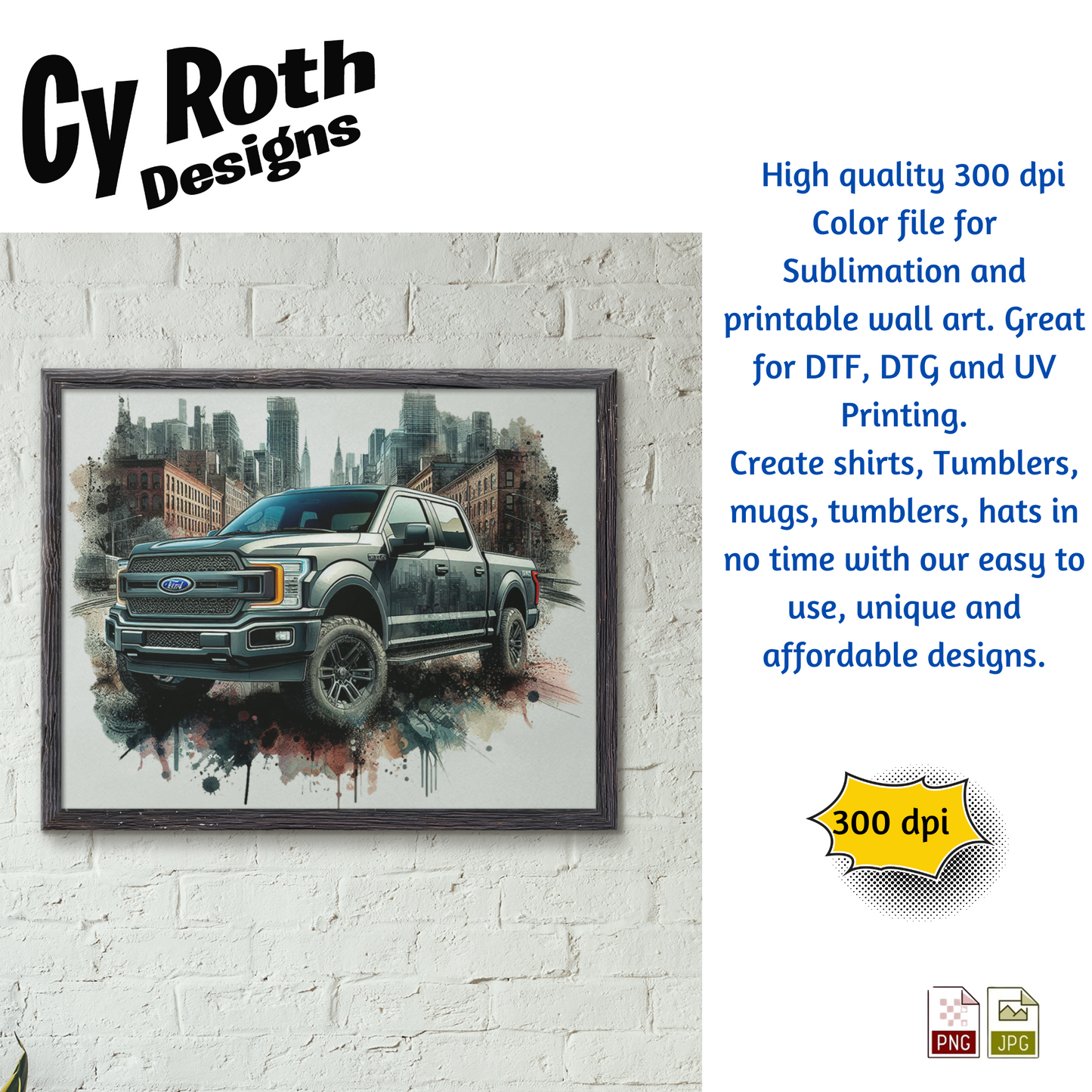 Framed artwork with image of a 2024 Ford F-150 and urban background