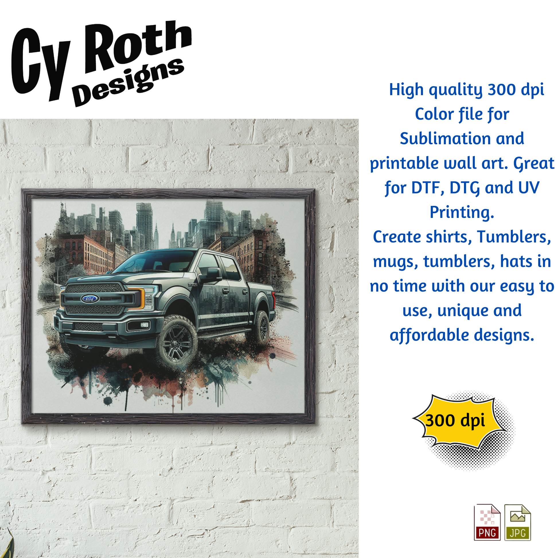 Framed artwork with image of a 2024 Ford F-150 and urban background