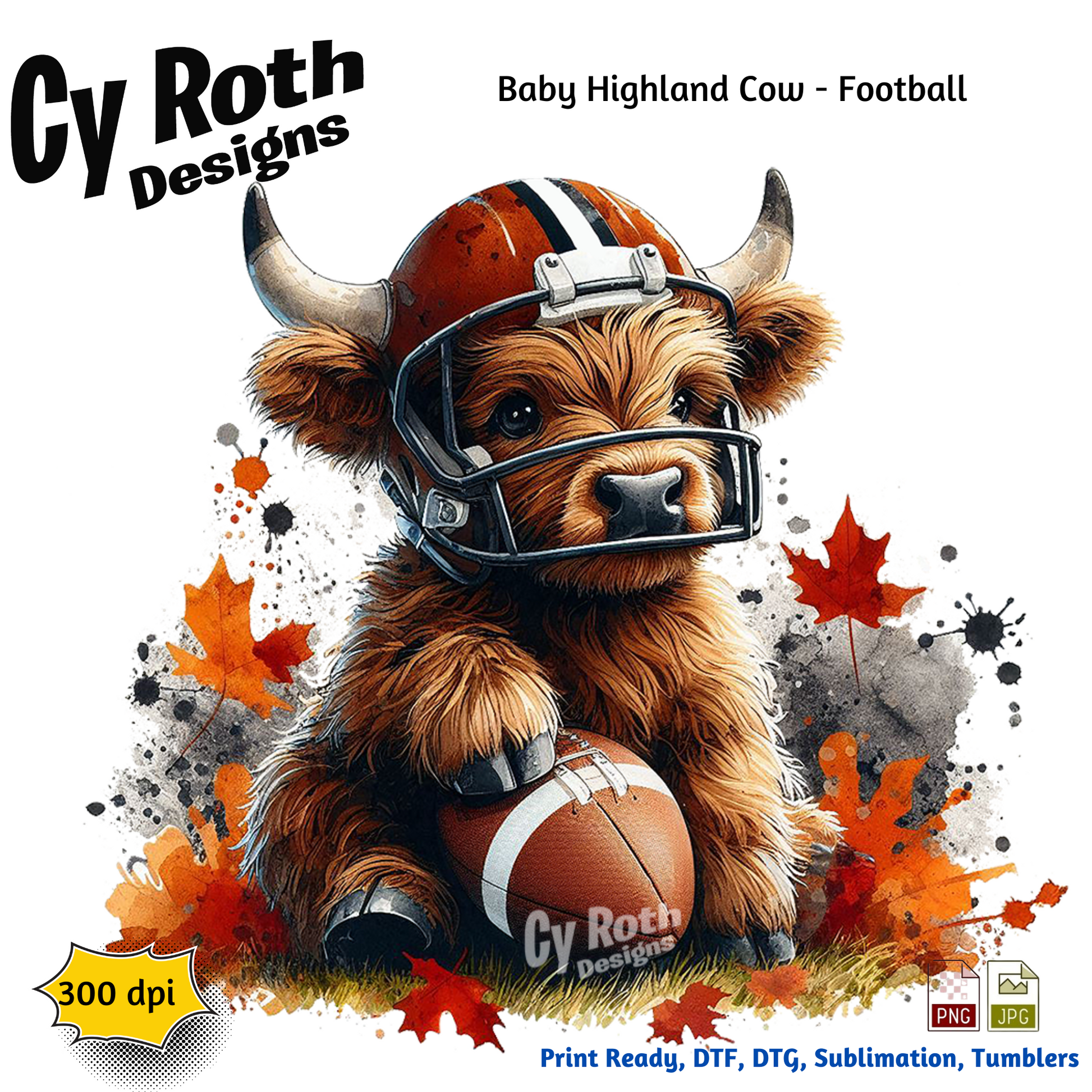 Illustration of a Highland cow wearing a football helmet and holding a football, with 'Cy Roth Designs' branding.