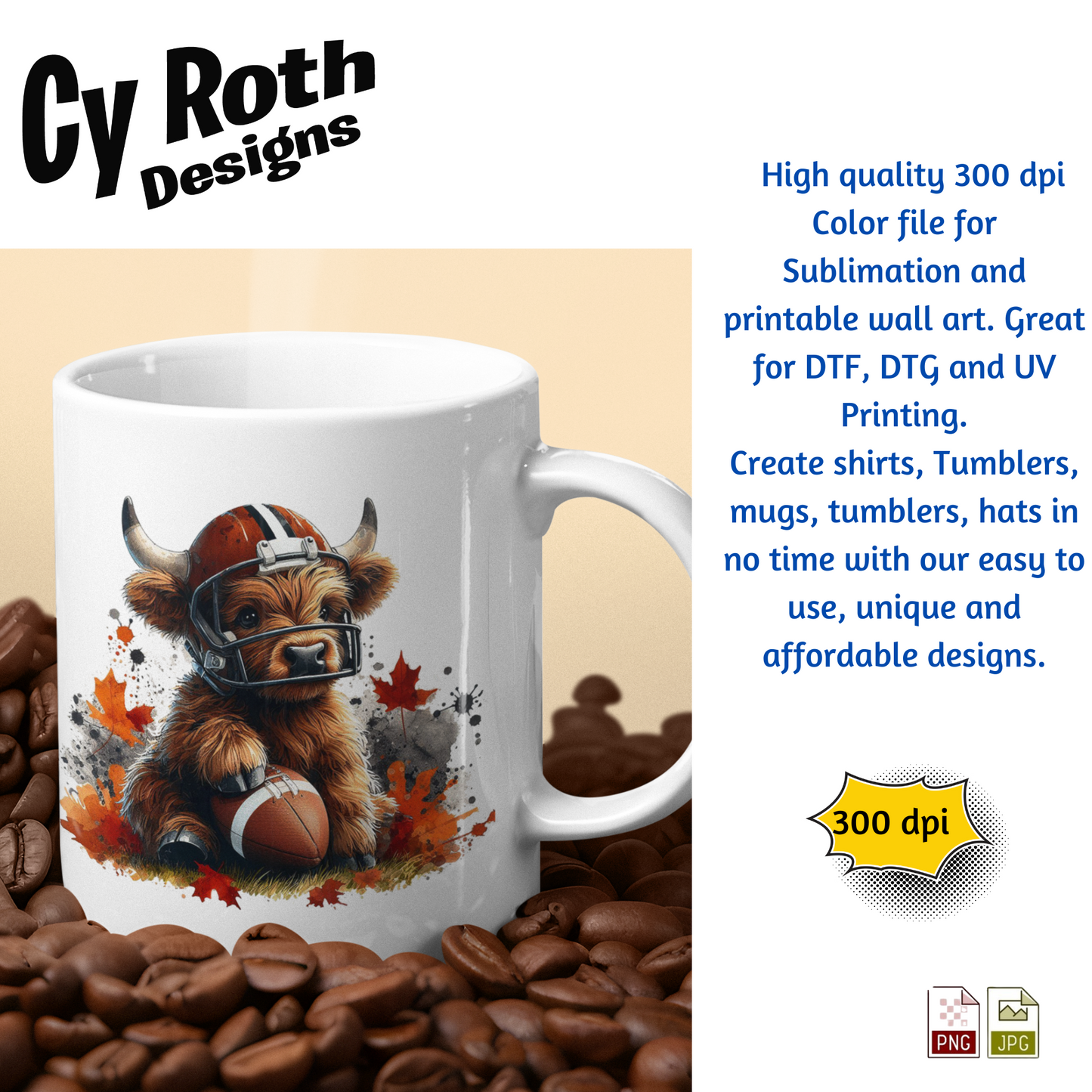 White coffee mug with image of a Highland Cow wearing football helmet. Sublimation design for tumblers, T-Shirts, Wall Art (PNG, SVG Digital Download).