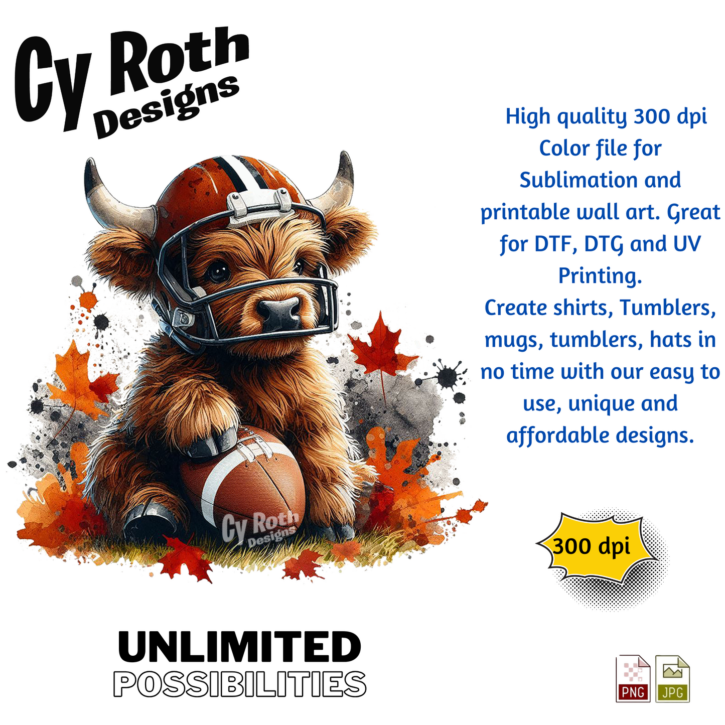 Highland Cow wearing football helmet sublimation design for tumblers, T-Shirts, Wall Art (PNG, SVG Digital Download).