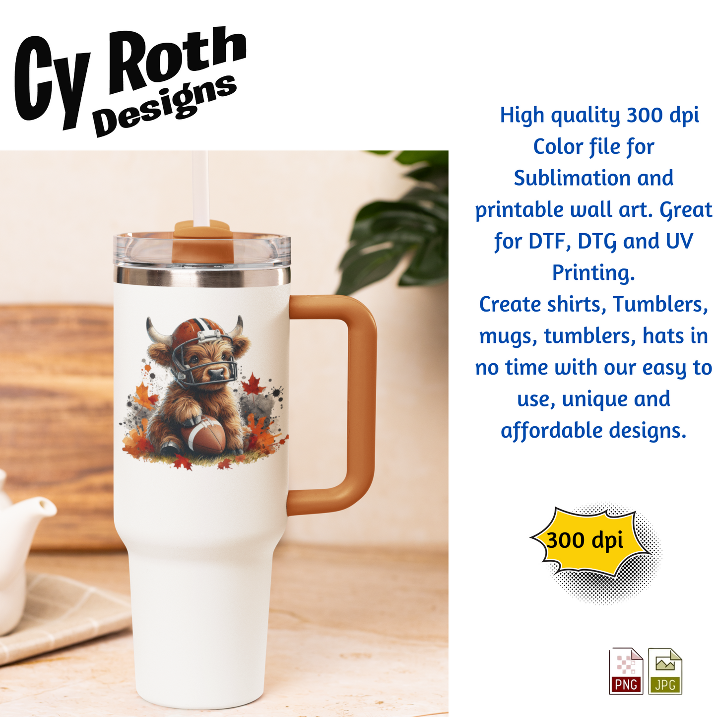 White travel tumbler with image of a Highland Cow wearing football helmet. Sublimation design for tumblers, T-Shirts, Wall Art (PNG, SVG Digital Download).