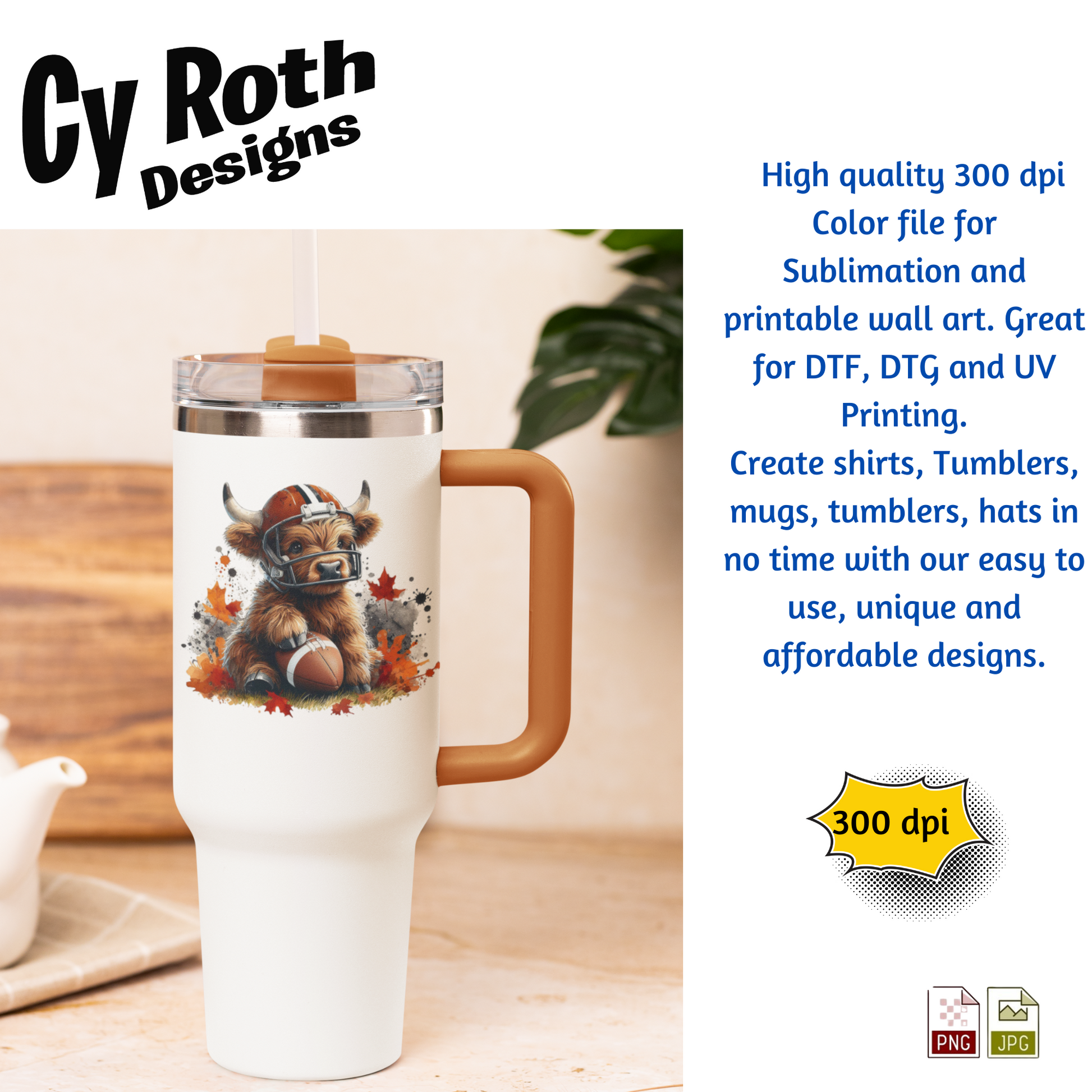 White travel tumbler with image of a Highland Cow wearing football helmet. Sublimation design for tumblers, T-Shirts, Wall Art (PNG, SVG Digital Download).