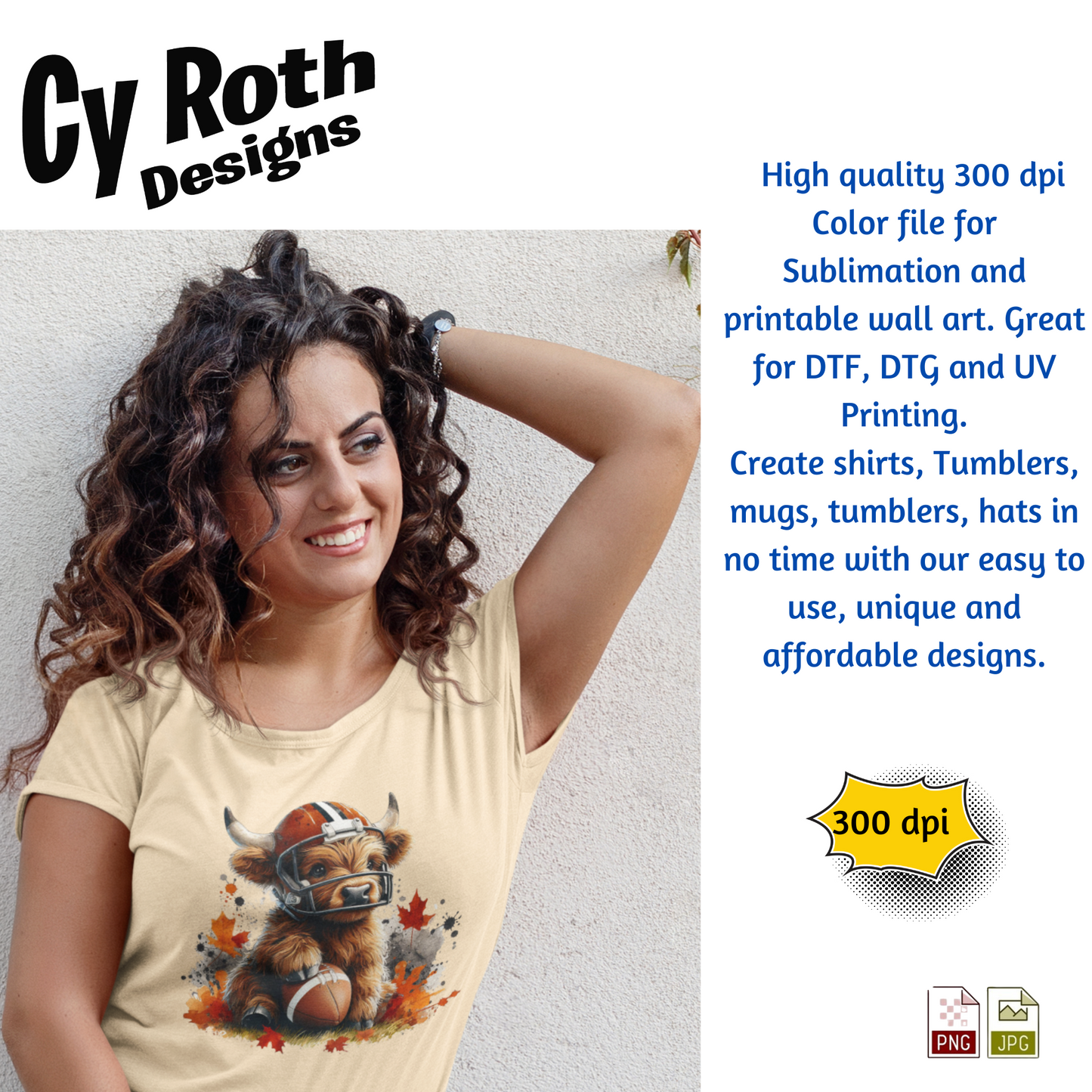 Woman wearing a t-shirt featuring a Highland Cow wearing football helmet. Sublimation design for tumblers, T-Shirts, Wall Art (PNG, SVG Digital Download).