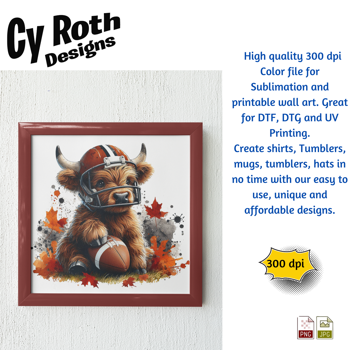 Framed artwork of a Highland Cow wearing football helmet. Sublimation design for tumblers, T-Shirts, Wall Art (PNG, SVG Digital Download).