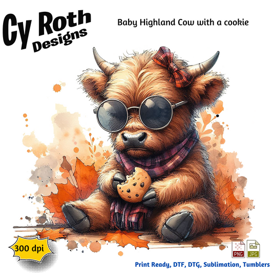 Baby Highland Cow eating a cookie sublimation design for tumblers, T-Shirts, Wall Art (PNG, SVG Digital Download).
