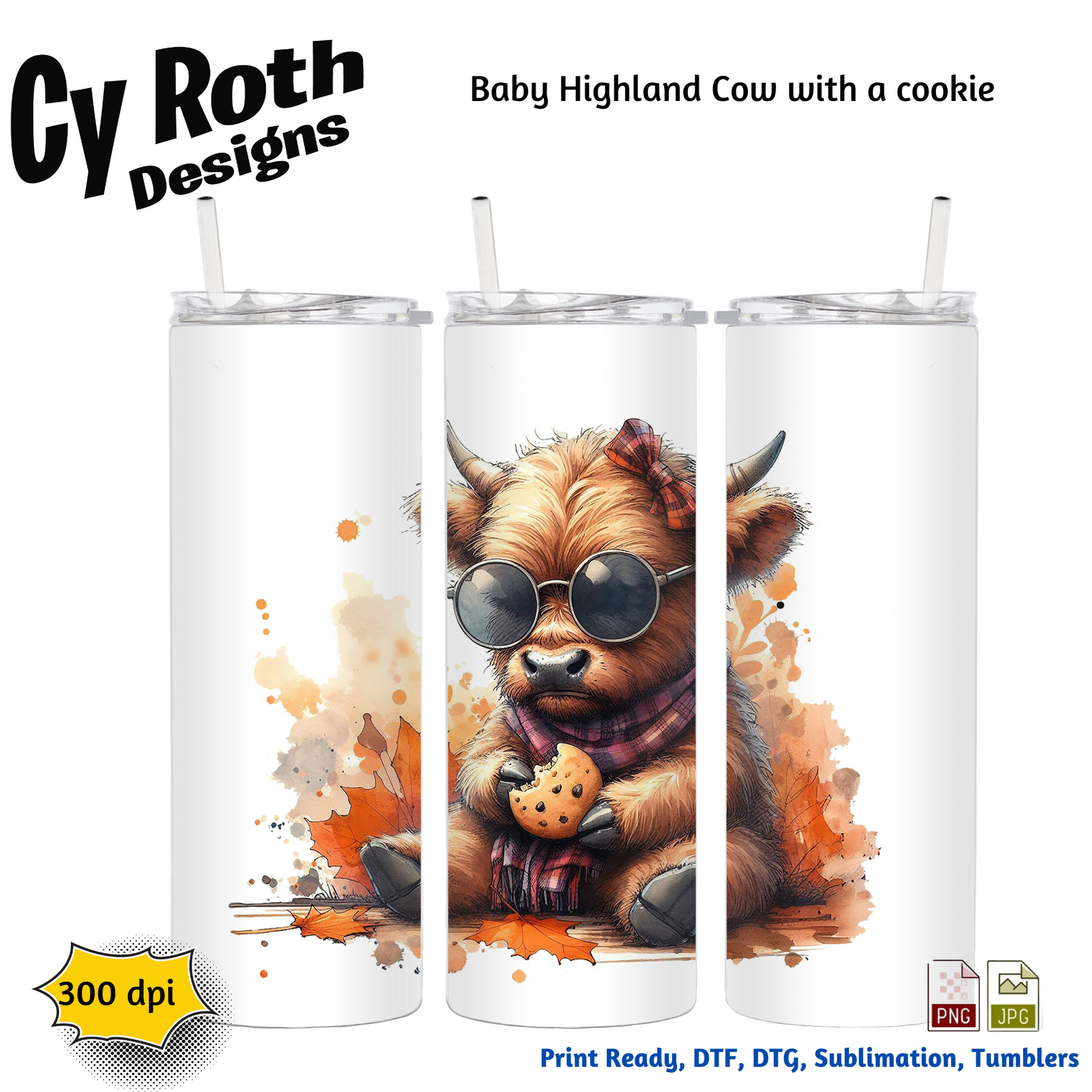 20 oz tumbler with Baby Highland Cow eating a cookie sublimation design