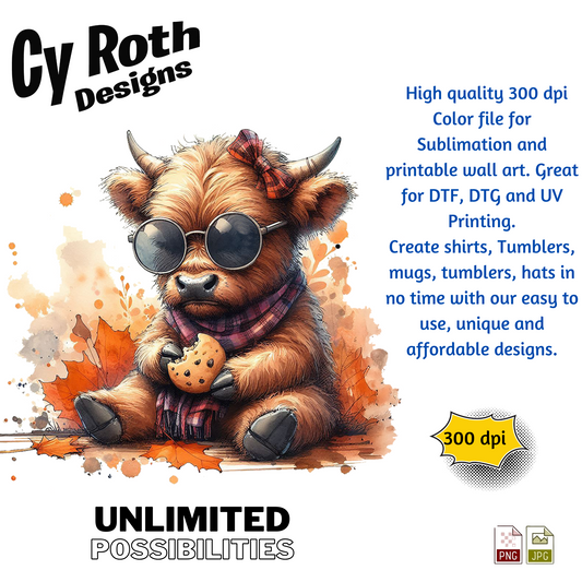 Baby Highland Cow eating a cookie sublimation design for tumblers, T-Shirts, Wall Art (PNG, SVG Digital Download).
