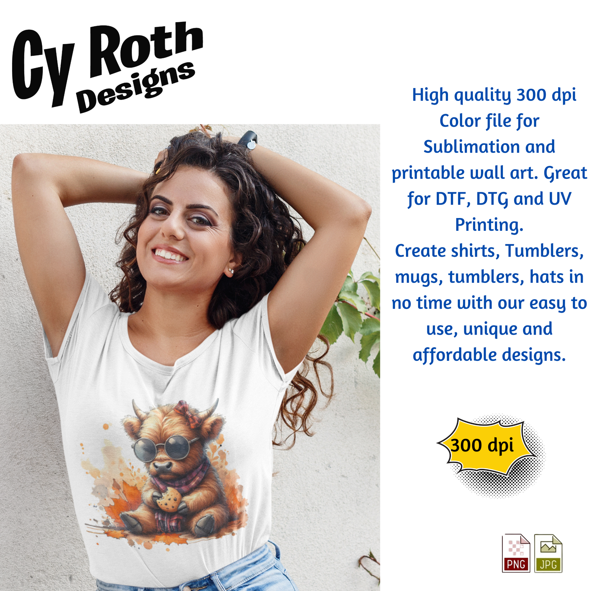 Woman wearing a t-shirt with image of a Baby Highland Cow eating a cookie