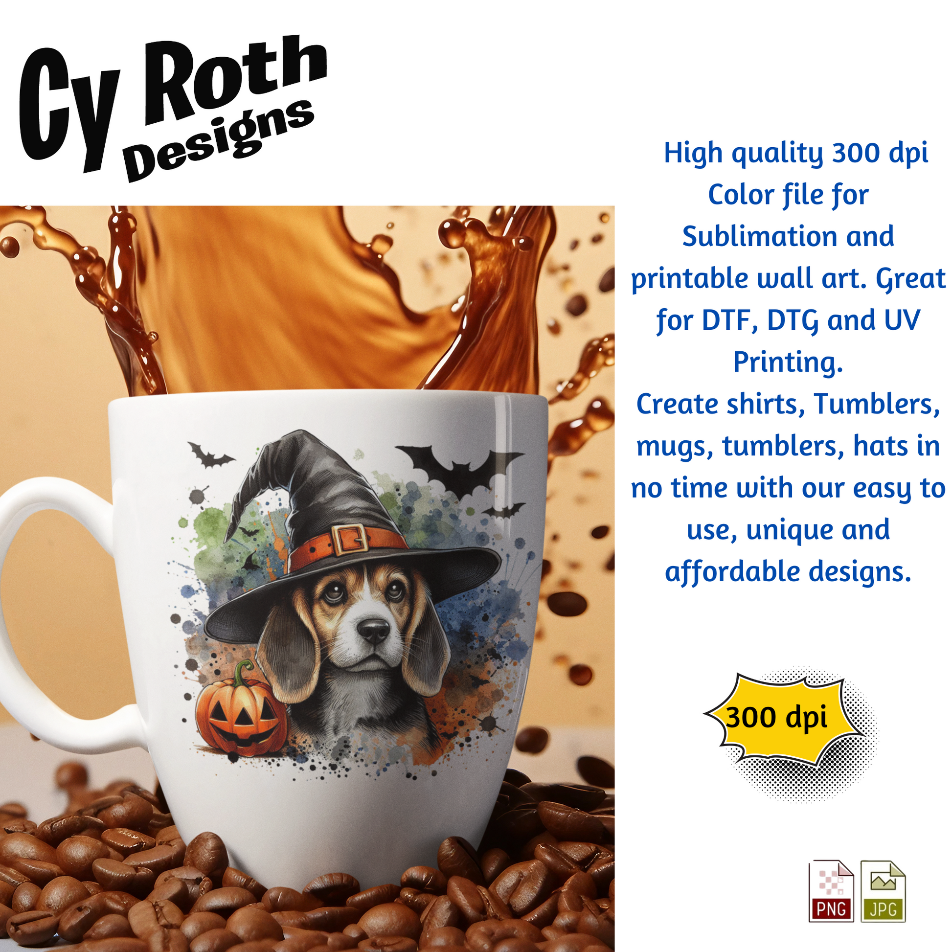 Mug with dog wearing a witch hat design on coffee beans, with Cy Roth Designs branding and product details.